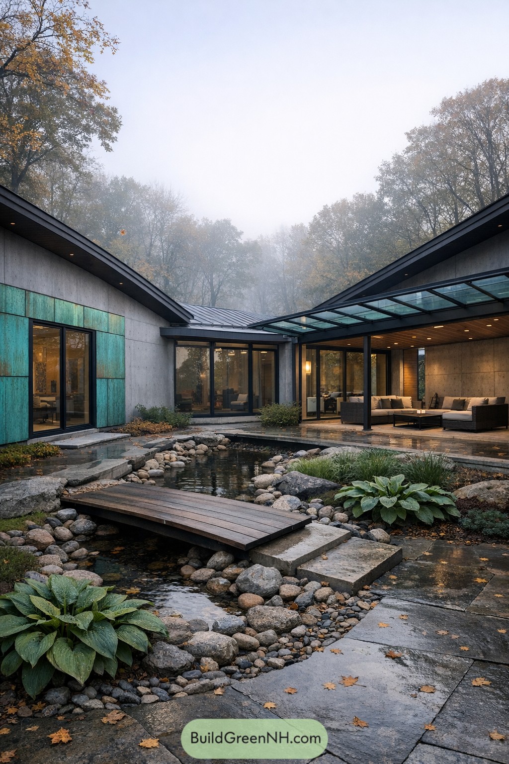 Modern courtyard with glass canopy overlooking pond and wooden bridge