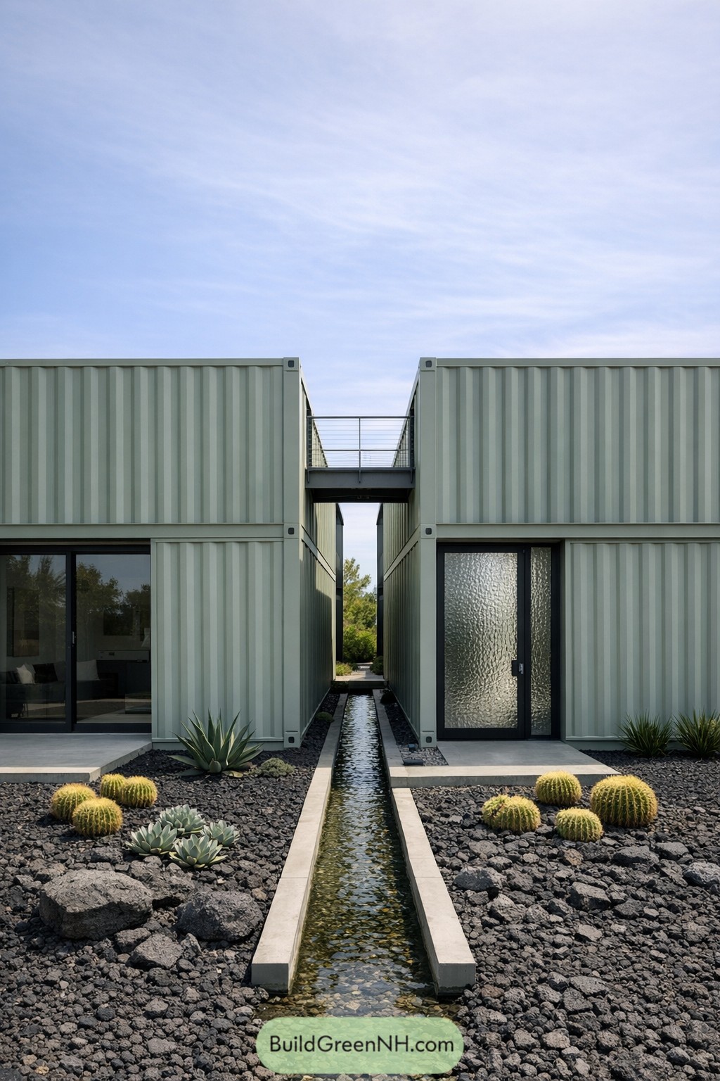 Modern container home with central water rill and desert landscaping
