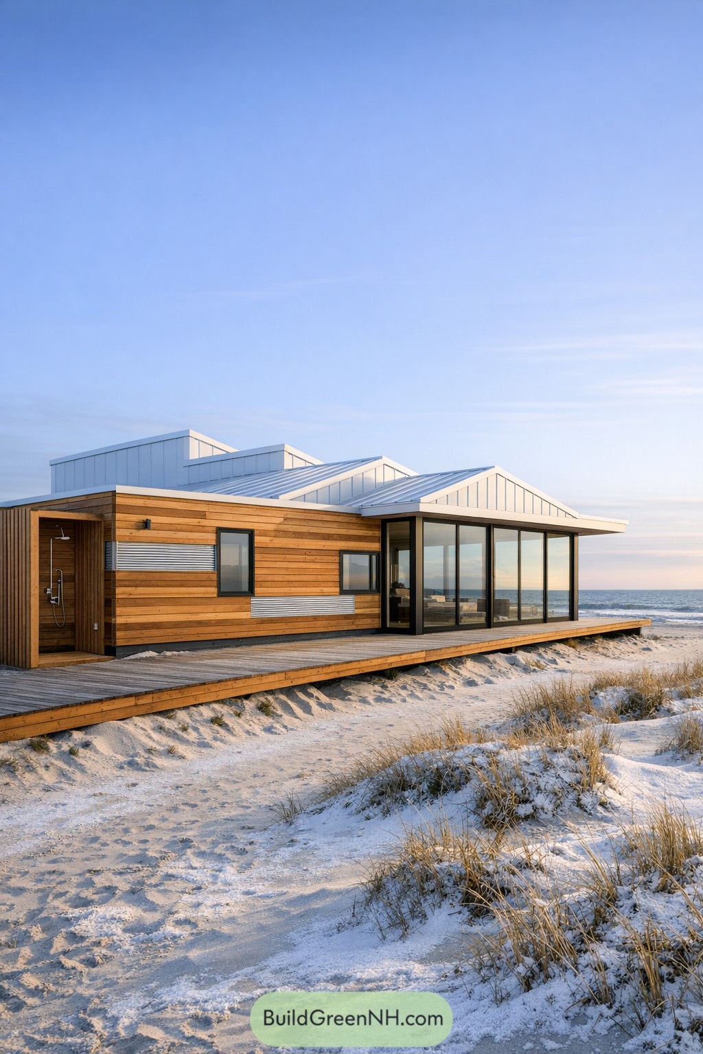Modern wood and glass beach house with metal roof and wraparound deck on a sandy shoreline