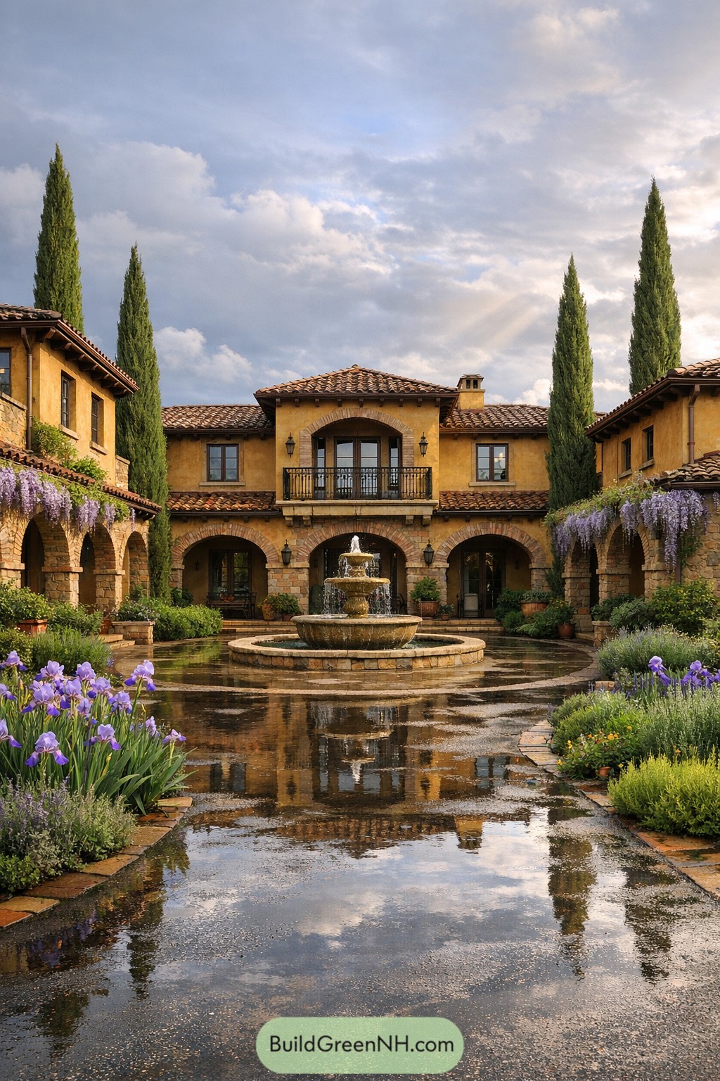 Tuscan courtyard home with central tiered fountain