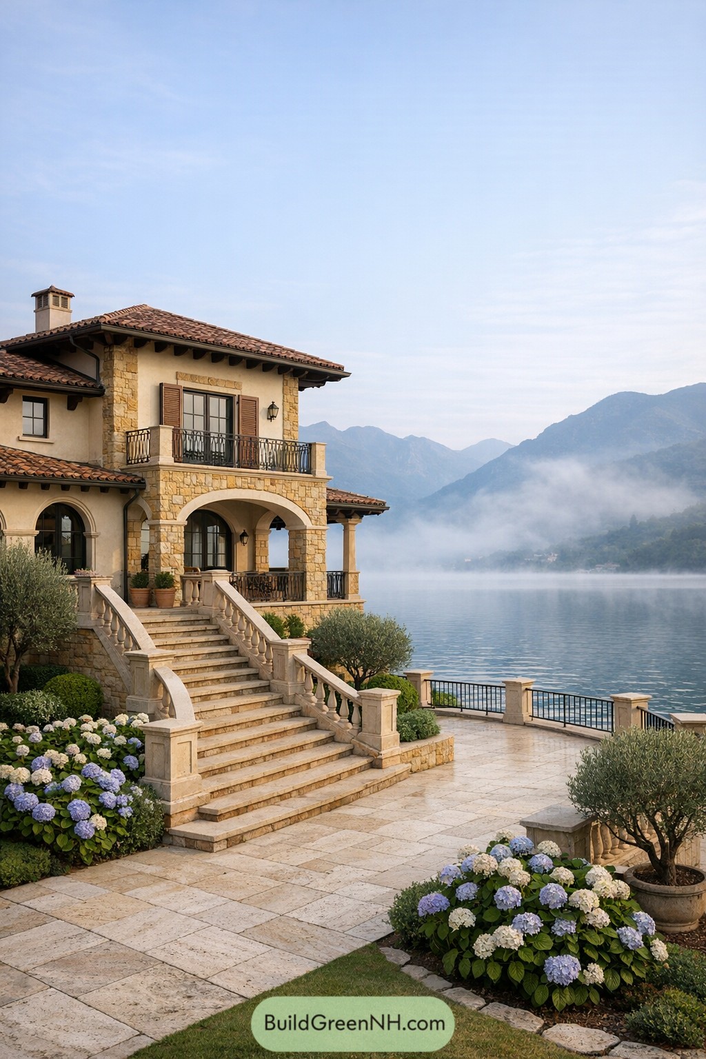 Tuscan style stone villa overlooking a calm lakeshore with grand stairs and lush hydrangea gardens