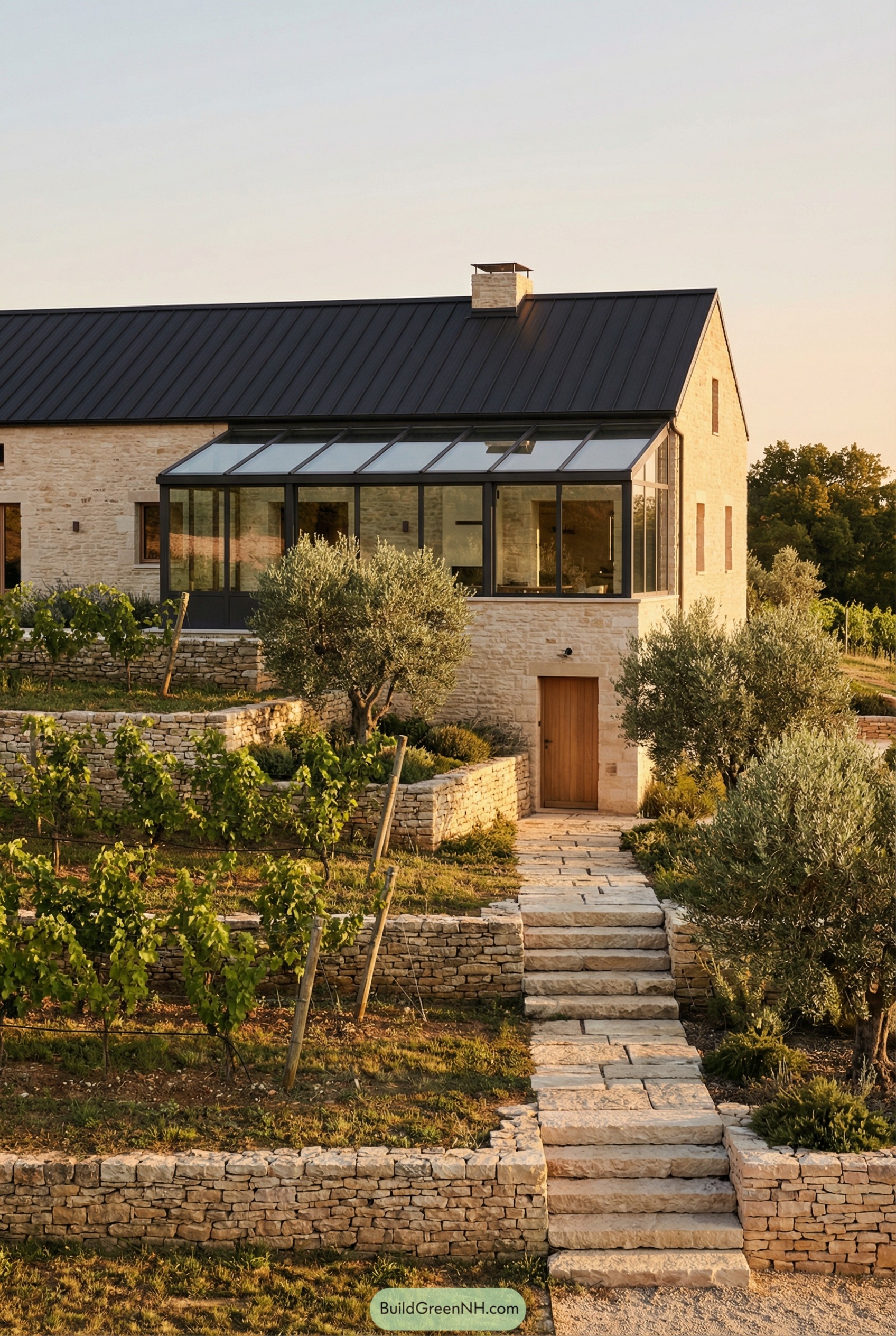 Stone farmhouse with glass sunroom above terraced vines