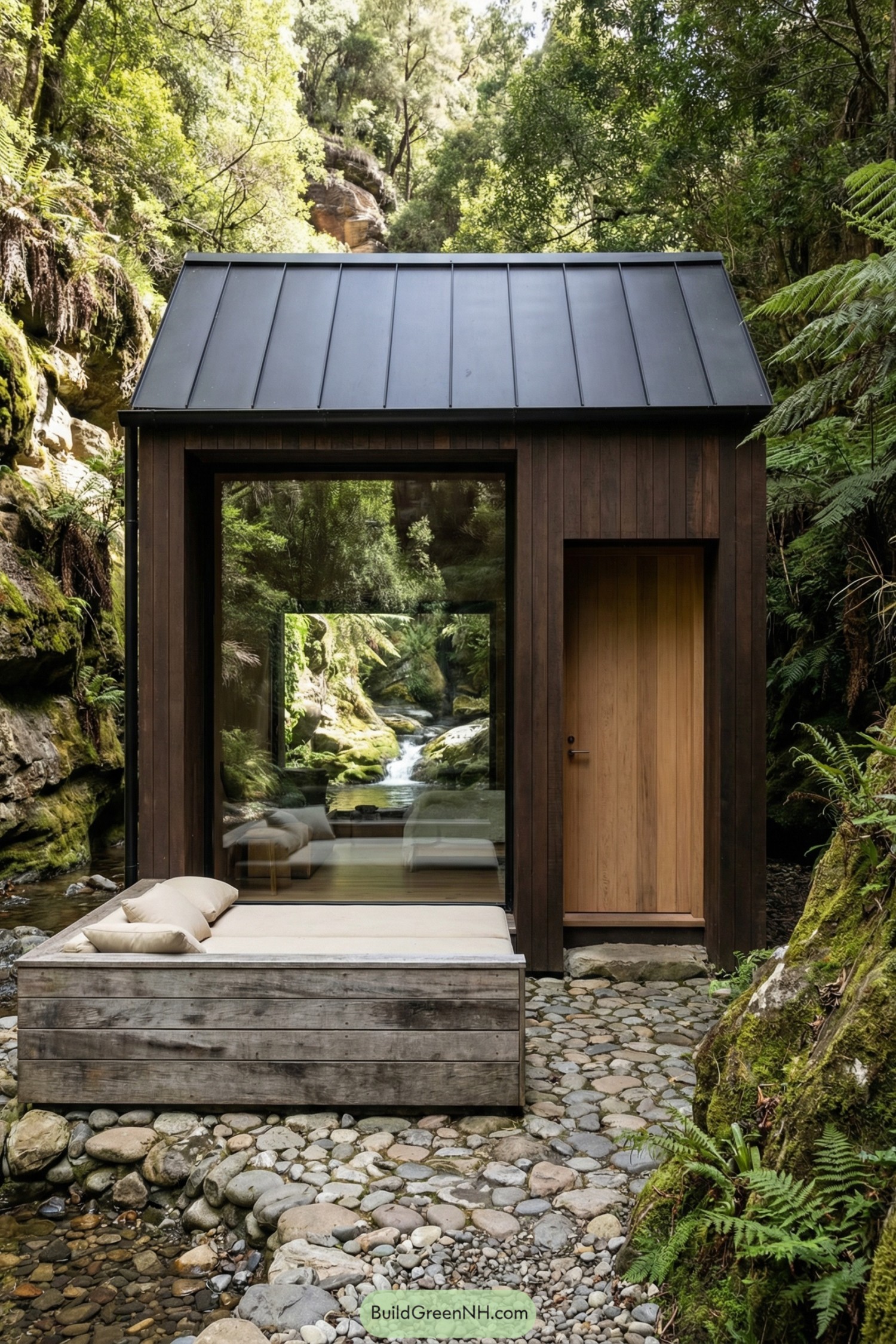 Small dark timber cabin with full-height glass facing a rocky forest creek and outdoor daybed