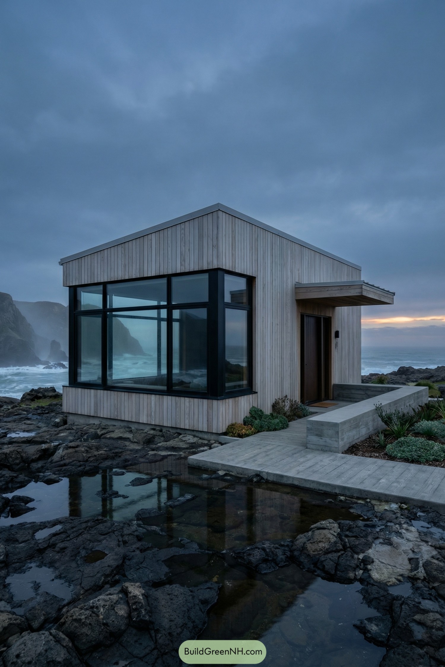 Small timber cabin with large glass walls overlooking a rocky ocean shoreline