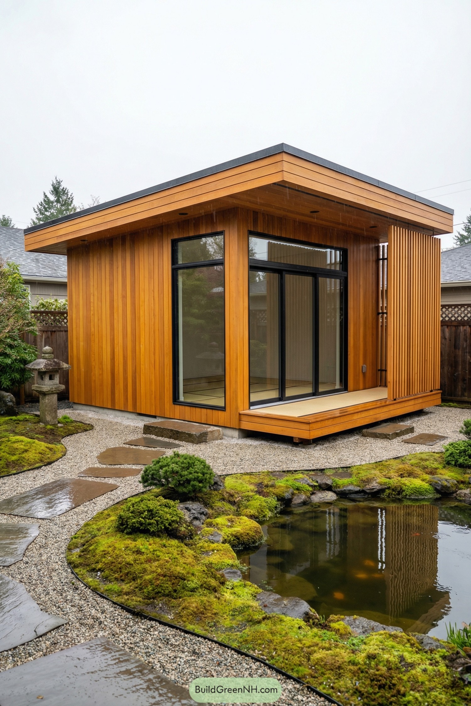 Compact cedar cabin with large glass doors facing a koi pond in a minimalist garden