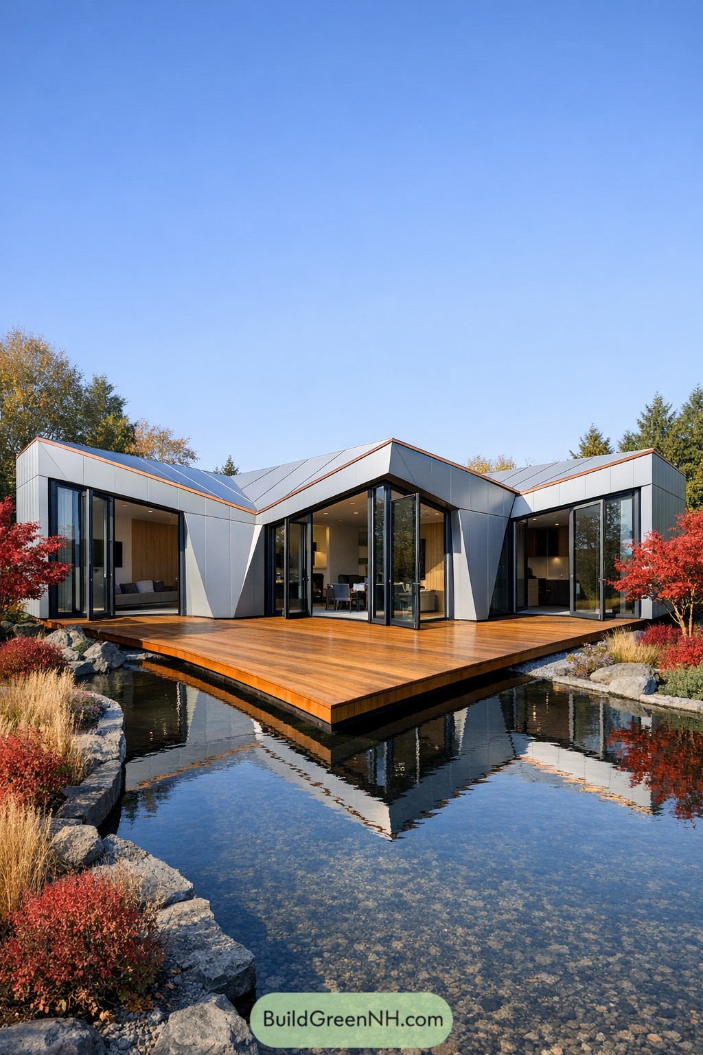 Modern pinwheel container house with large glass walls, wood deck, and reflecting pond