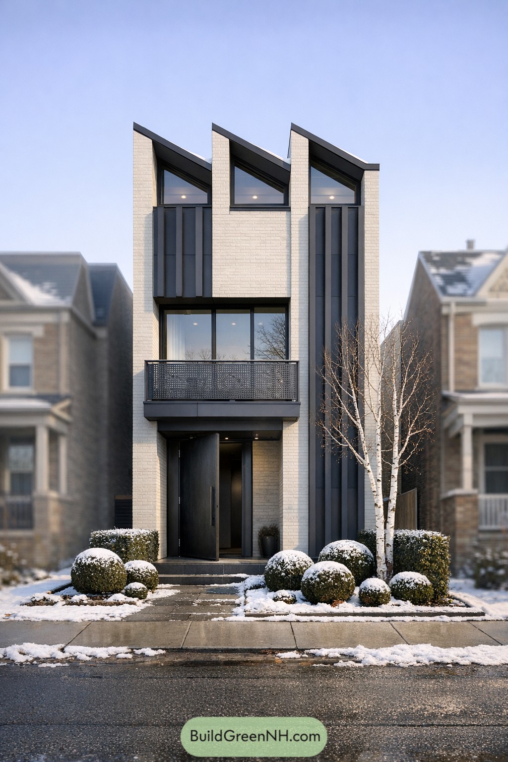 Show the entire house from sidewalk level in crisp winter morning sun, a tall narrow-lot dwelling with a sawtooth roofline and clerestory glazing, facade in matte off-white brick with deep charcoal fiber-cement fins creating vertical shadow lines, a pivoting blackened-steel entry door set into a small wind-protected vestibule, narrow balcony with perforated metal balustrade, a minimal courtyard of snow-dusted boxwood spheres and a single sculptural birch, surrounding rowhouses blurred but present; single real-life photo, high-resolution, full-frame, 28mm, f/8, ISO 100, ultra high detail, editorial architecture photography, cinematic composition, no people, no animals, no text, soft lighting, strictly no collages