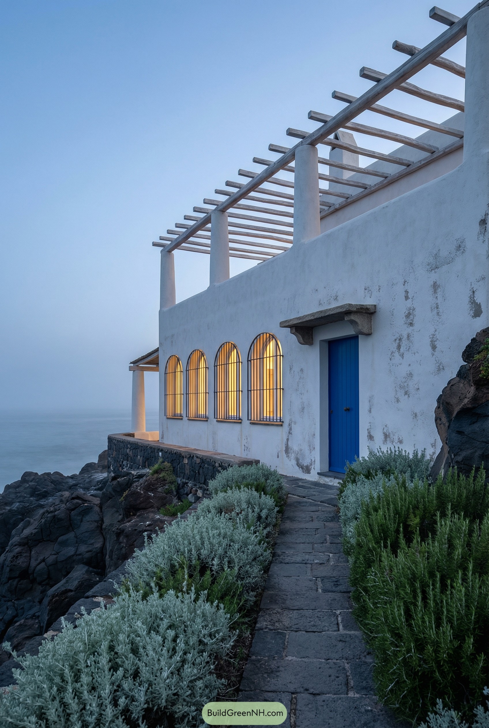 White coastal house on rocky cliff with arched windows and blue door at dusk