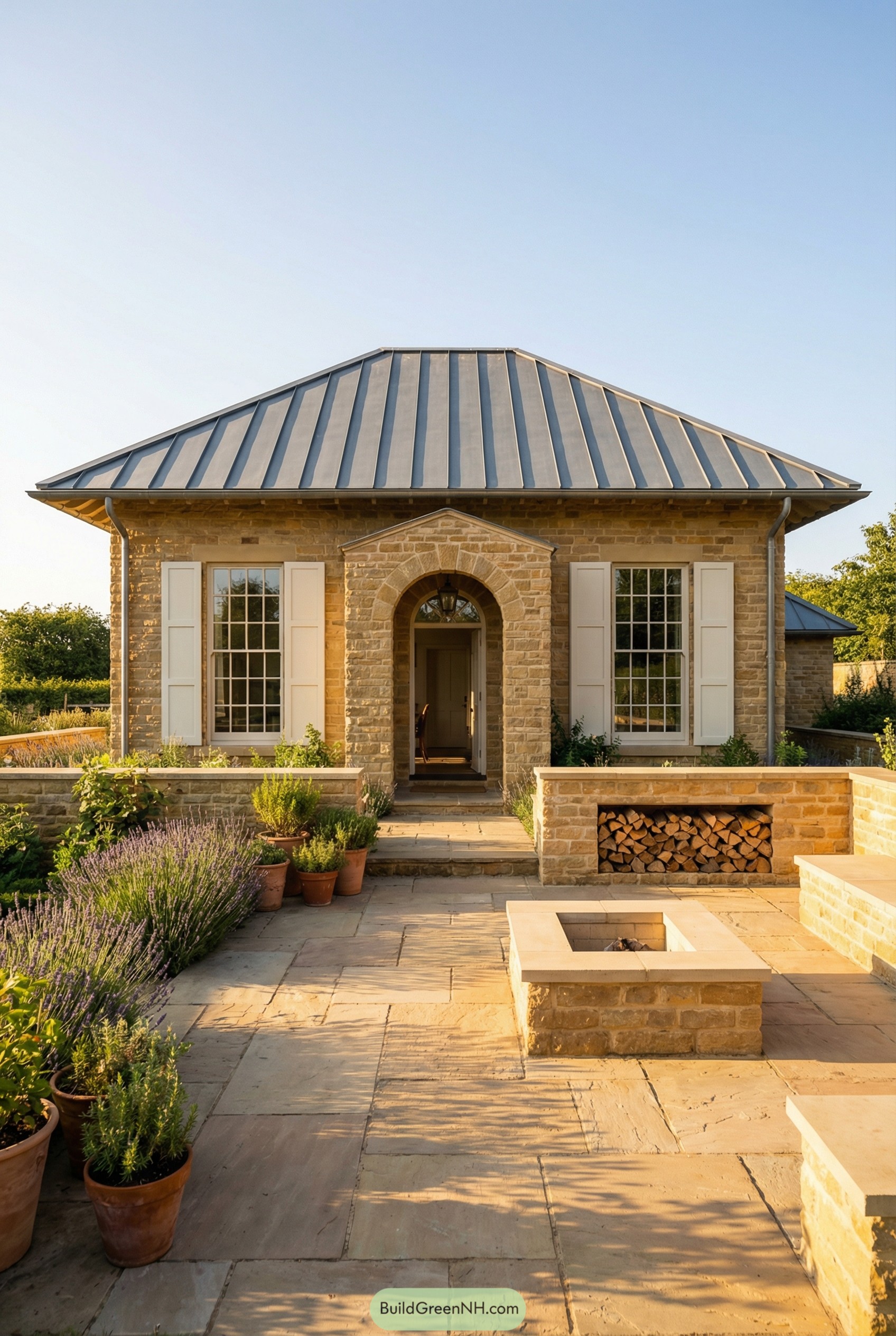 Stone country cottage with metal roof and herb-filled terrace