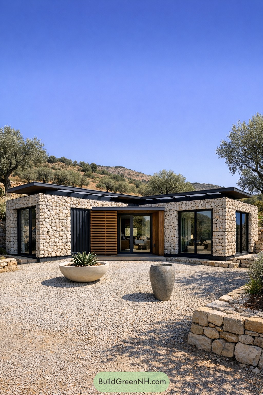 Low pinwheel container house with stone cladding in a dry hillside landscape
