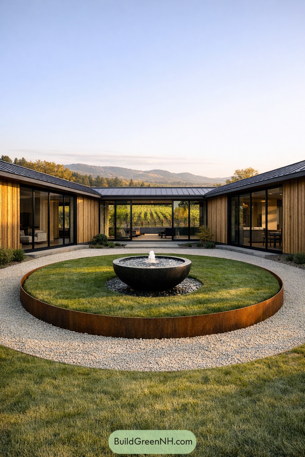 Modern courtyard with circular lawn and stone fountain framed by wood clad glass pavilions and mountain views in the background