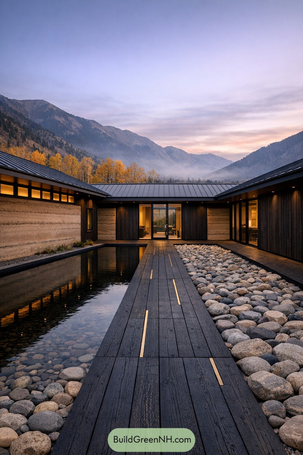 Modern courtyard with reflecting pool walkway and river rock bed facing mountains at dusk