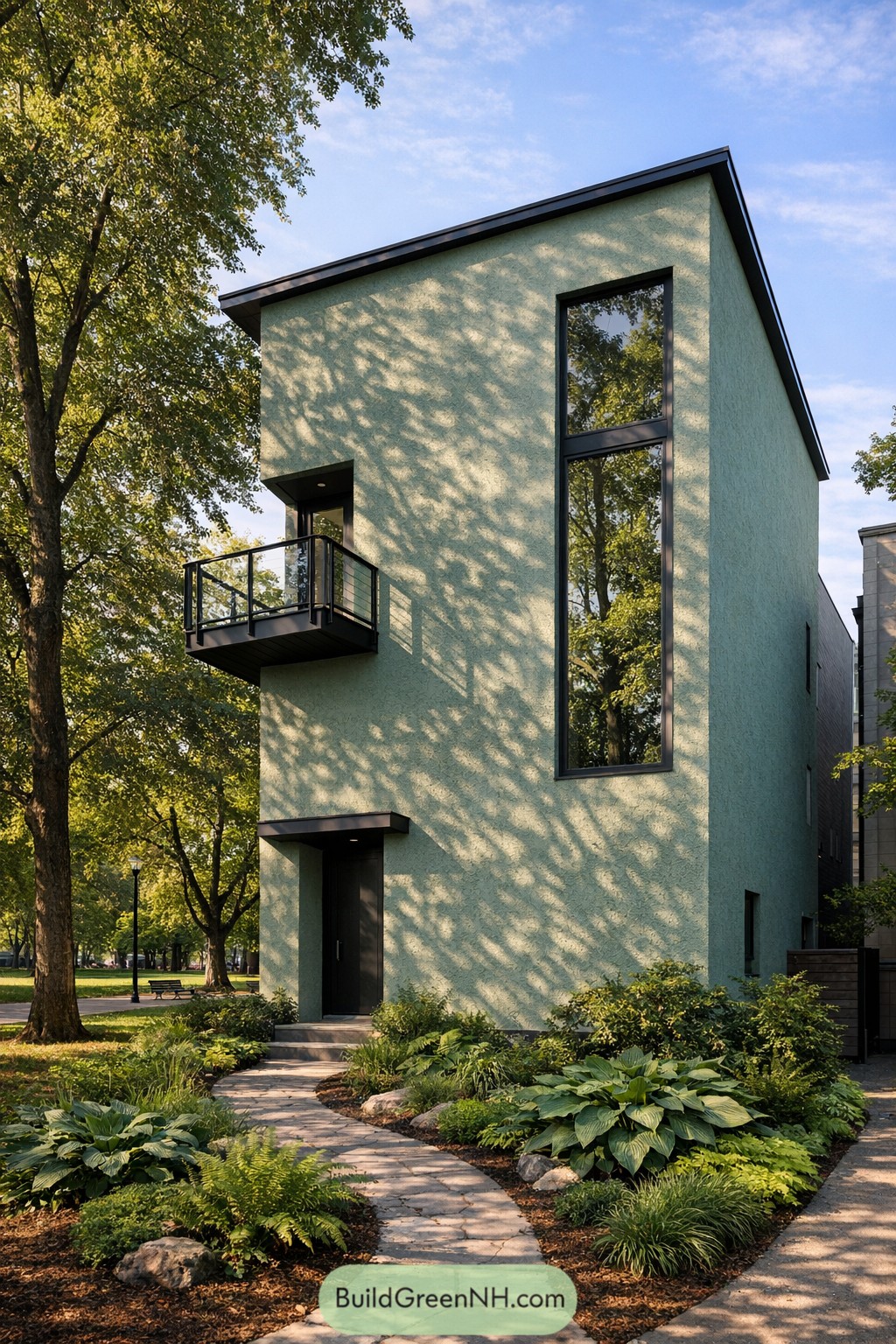 Tall mint green narrow house with balcony and lush front garden path