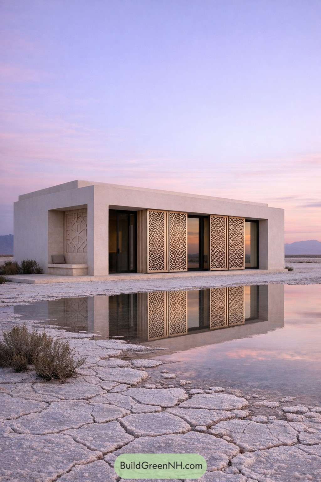 Modern cube house with ornate sliding screens reflected in shallow salt flat water at sunset