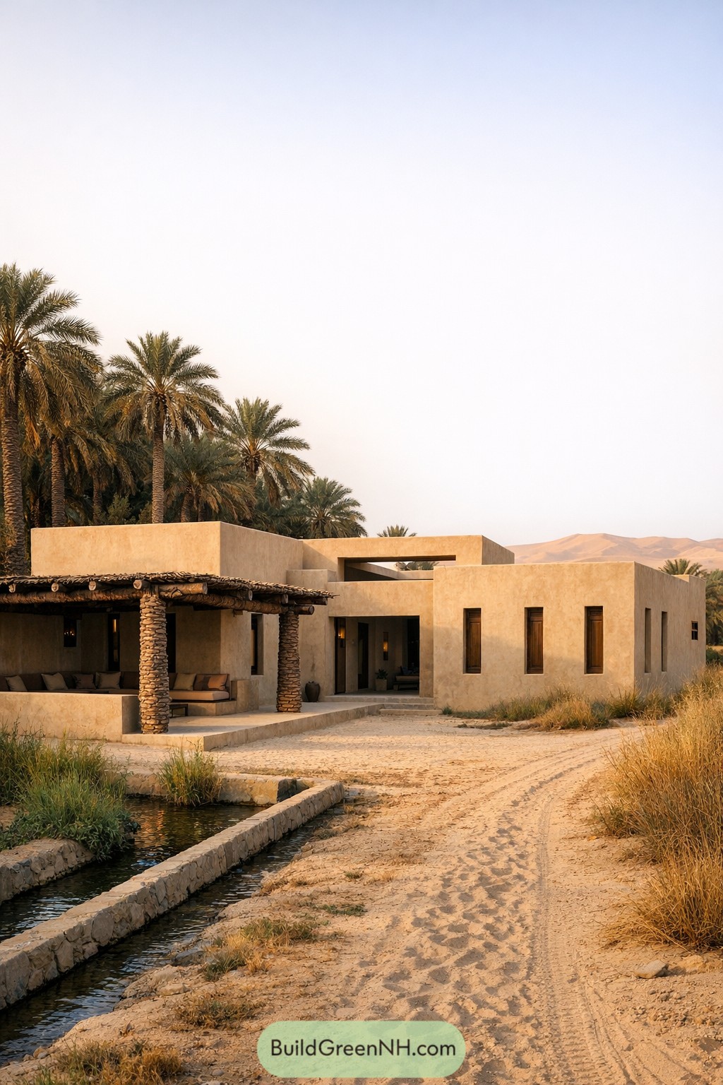 Modern adobe style villa with flat roofs and shaded palm supported terrace in a sandy desert oasis