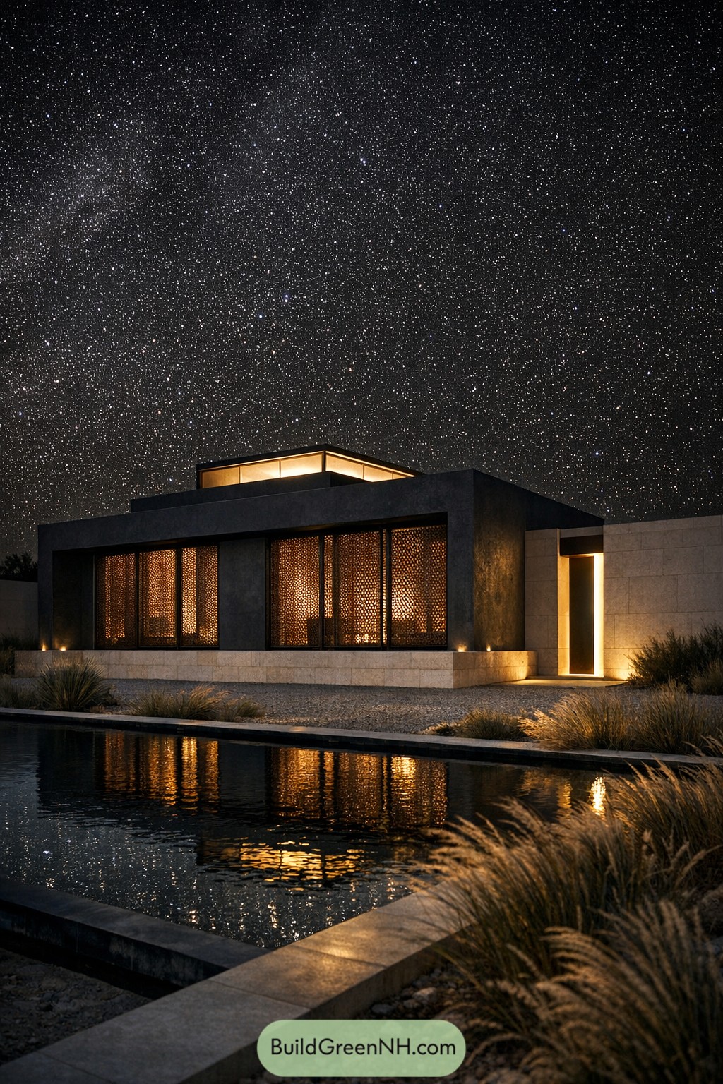Modern flat roof Arabic house at night with glowing perforated screens overlooking a reflective water feature