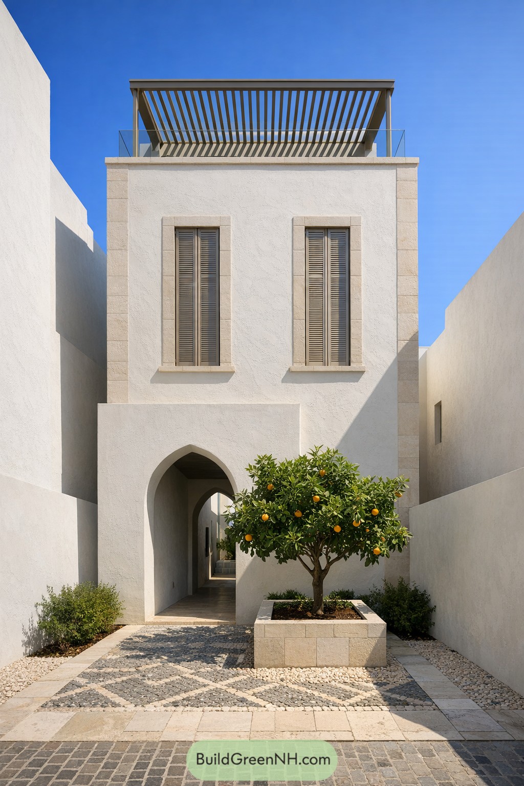 Narrow white house with arched entry and rooftop pergola behind a small courtyard citrus tree