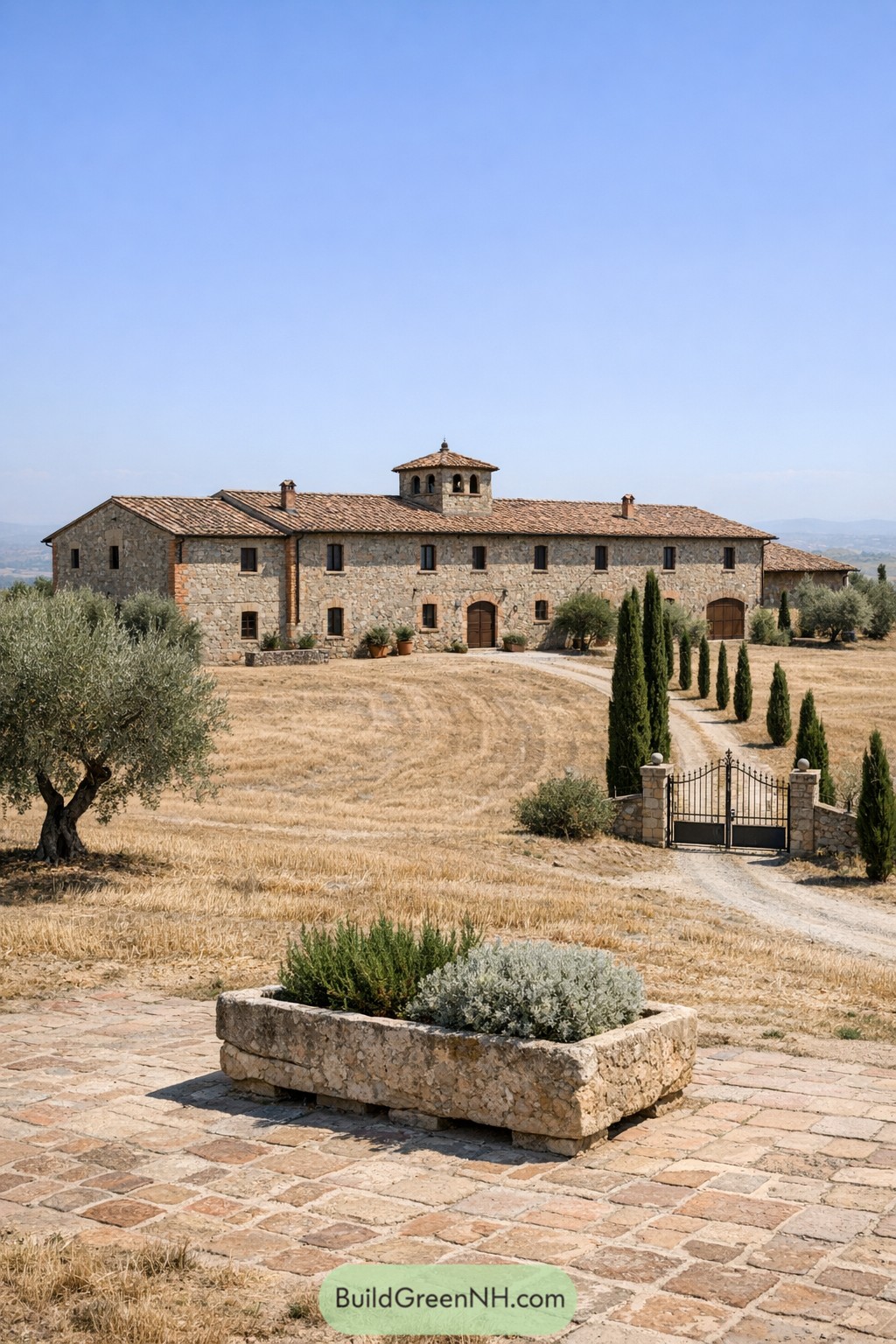 Large stone Tuscan farmhouse on open fields