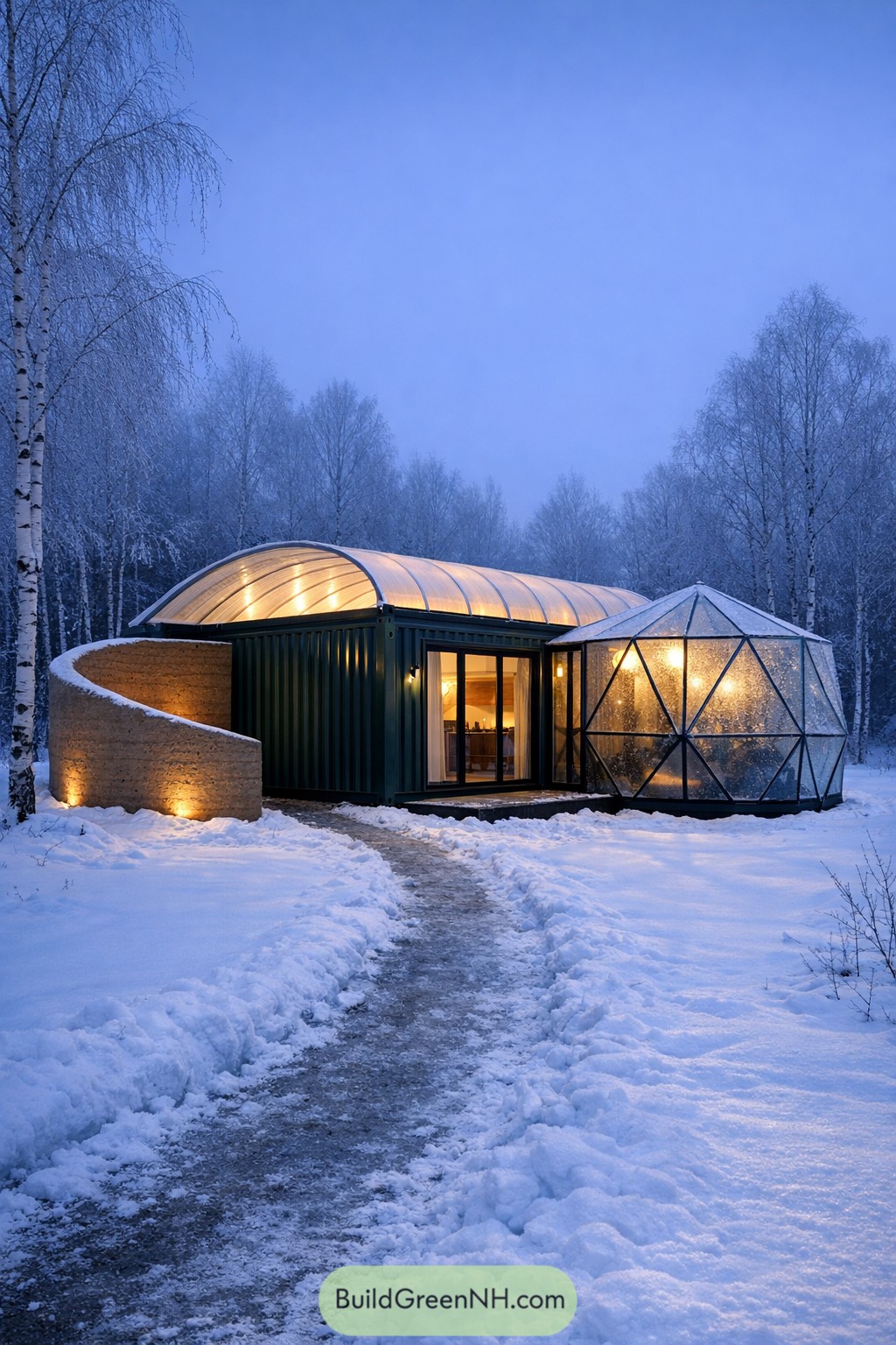Show the house completely in view, no partial images: a single container is expanded by a faceted glass “wintergarden” prism at one end and a curved rammed-earth windbreak wall that sweeps around the entry; the container’s corrugation is preserved but finished in deep forest-green ceramic paint, topped by a lightweight arched roof canopy in translucent polycarbonate that creates a soft lantern effect; set in a snowy birch grove at blue hour, with a shoveled path, minimal warm uplighting on the earth wall, and delicate frost on the glazing while the surrounding forest fades into quiet haze. single real-life photo, high-resolution, full-frame, 28mm, f/8, ISO 100, ultra high detail, editorial architecture photography, cinematic composition, no people, no animals, no text, soft lighting, strictly no collages