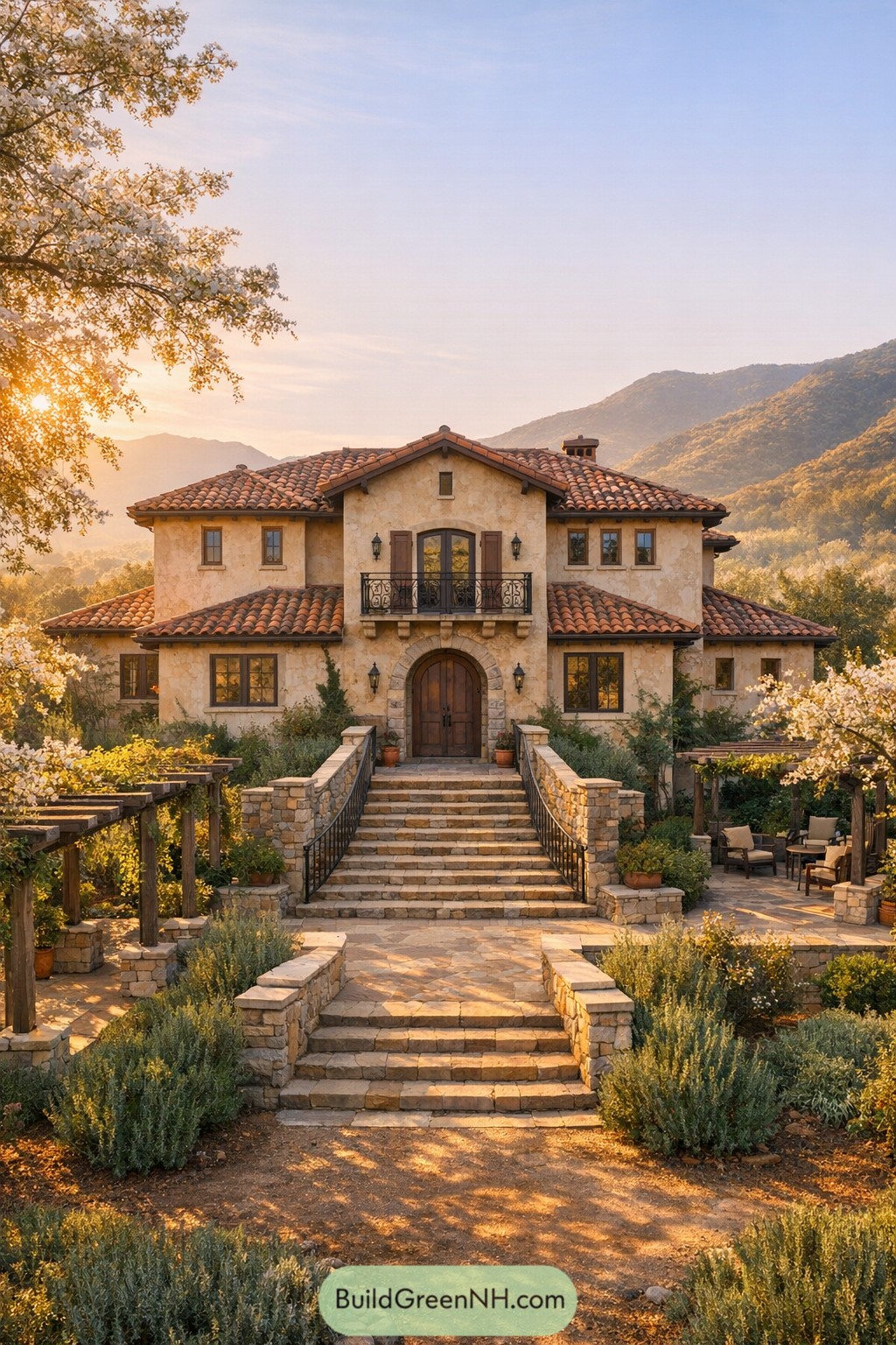 Warm stucco Tuscan villa with tile roof, grand stone stairway, and lush garden terraces at sunset