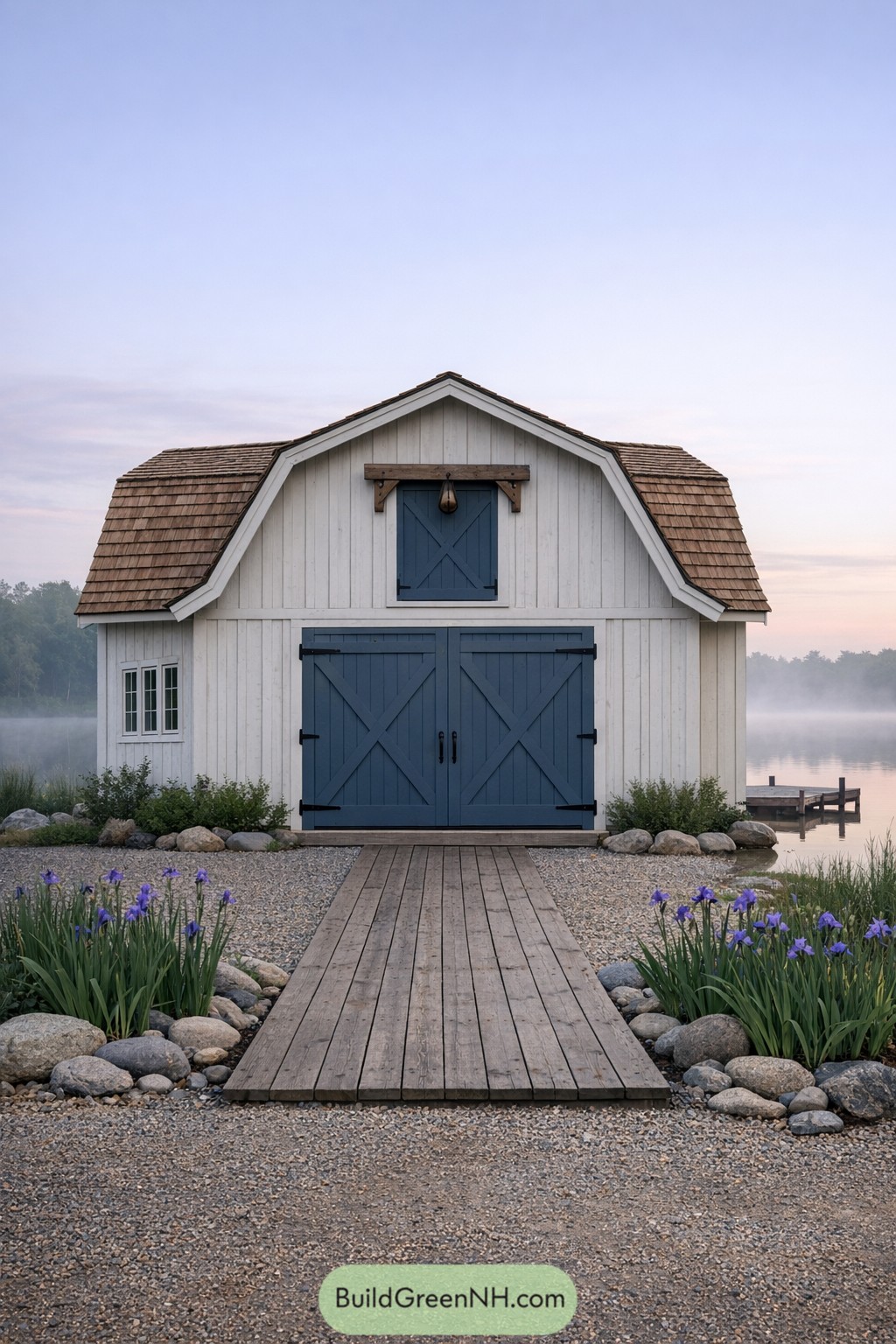 White gambrel barn garage with blue carriage doors beside a calm lake