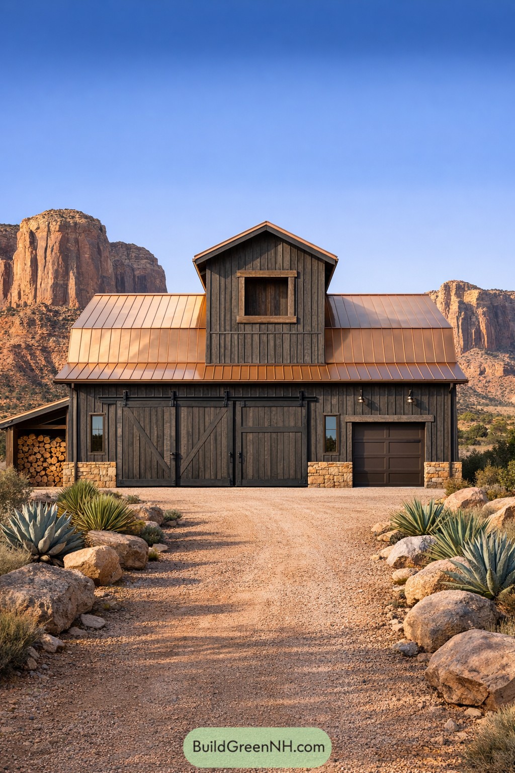 Rustic barn style garage with dark siding and copper roof in a desert landscape