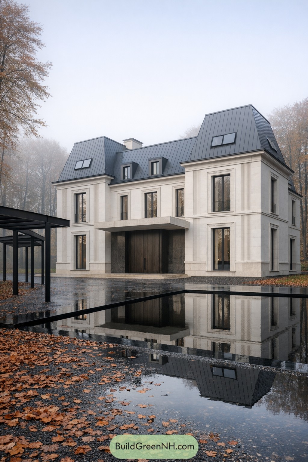 Modern French chateau with dark roof and sleek reflecting pool in a misty forest setting