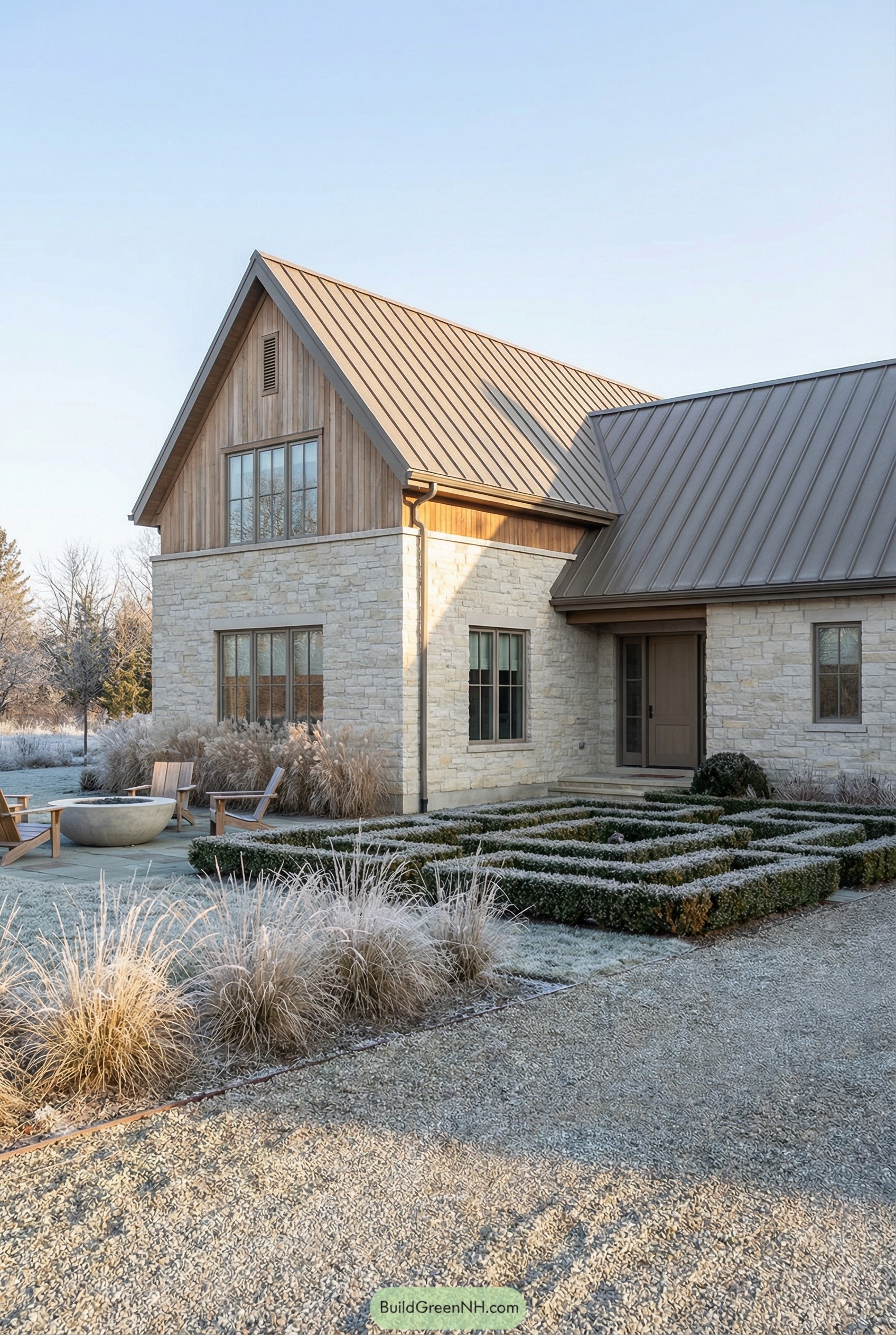 Modern stone farmhouse with metal roof and formal frost covered garden