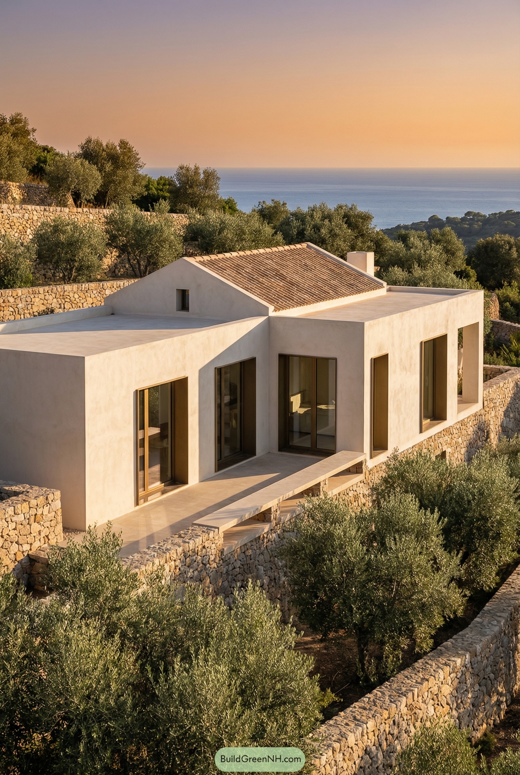 Modern stone villa on terraced hillside by sea