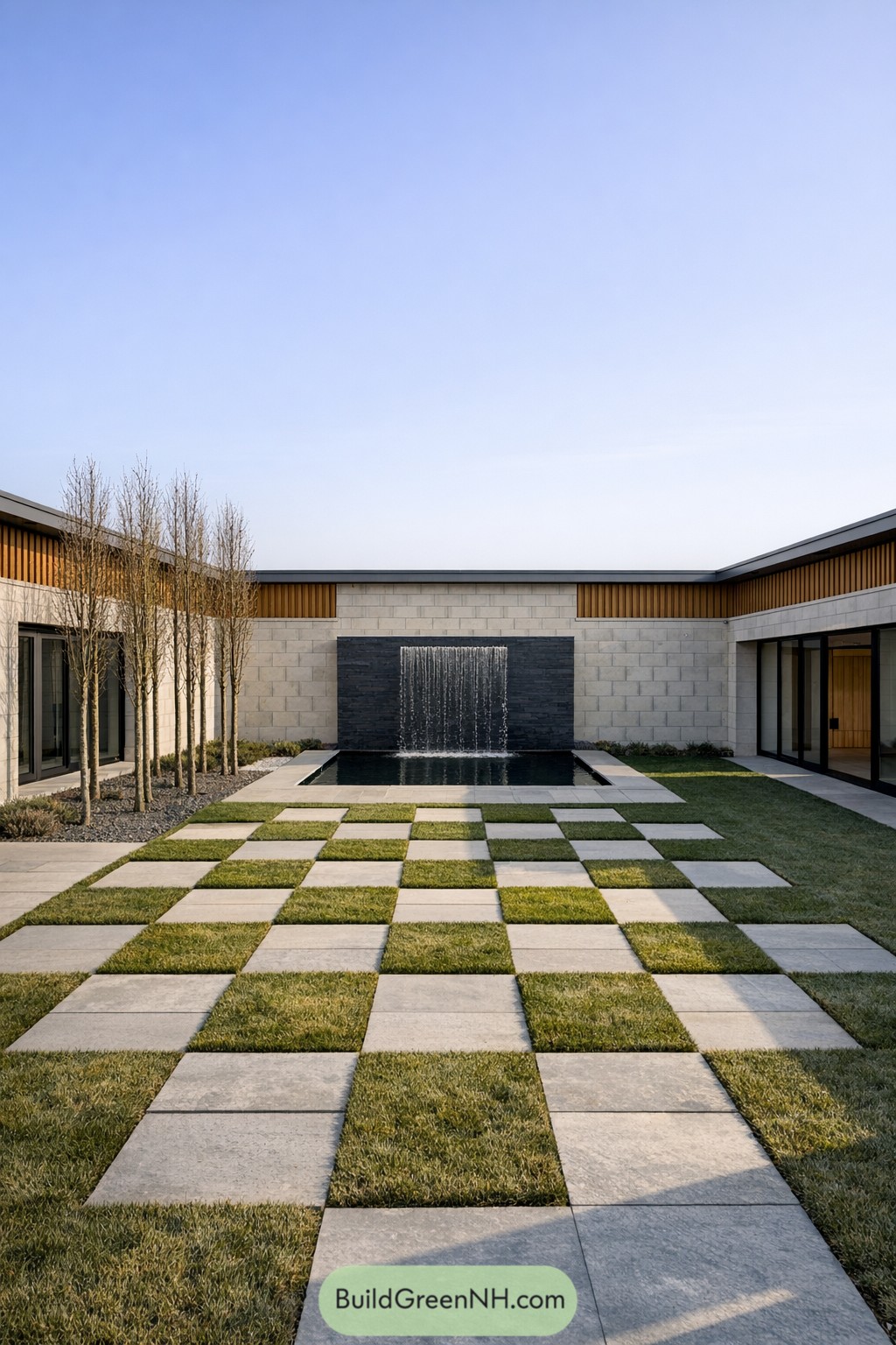 Modern courtyard with checkerboard pavers leading to a rectangular reflecting pool and sheet waterfall