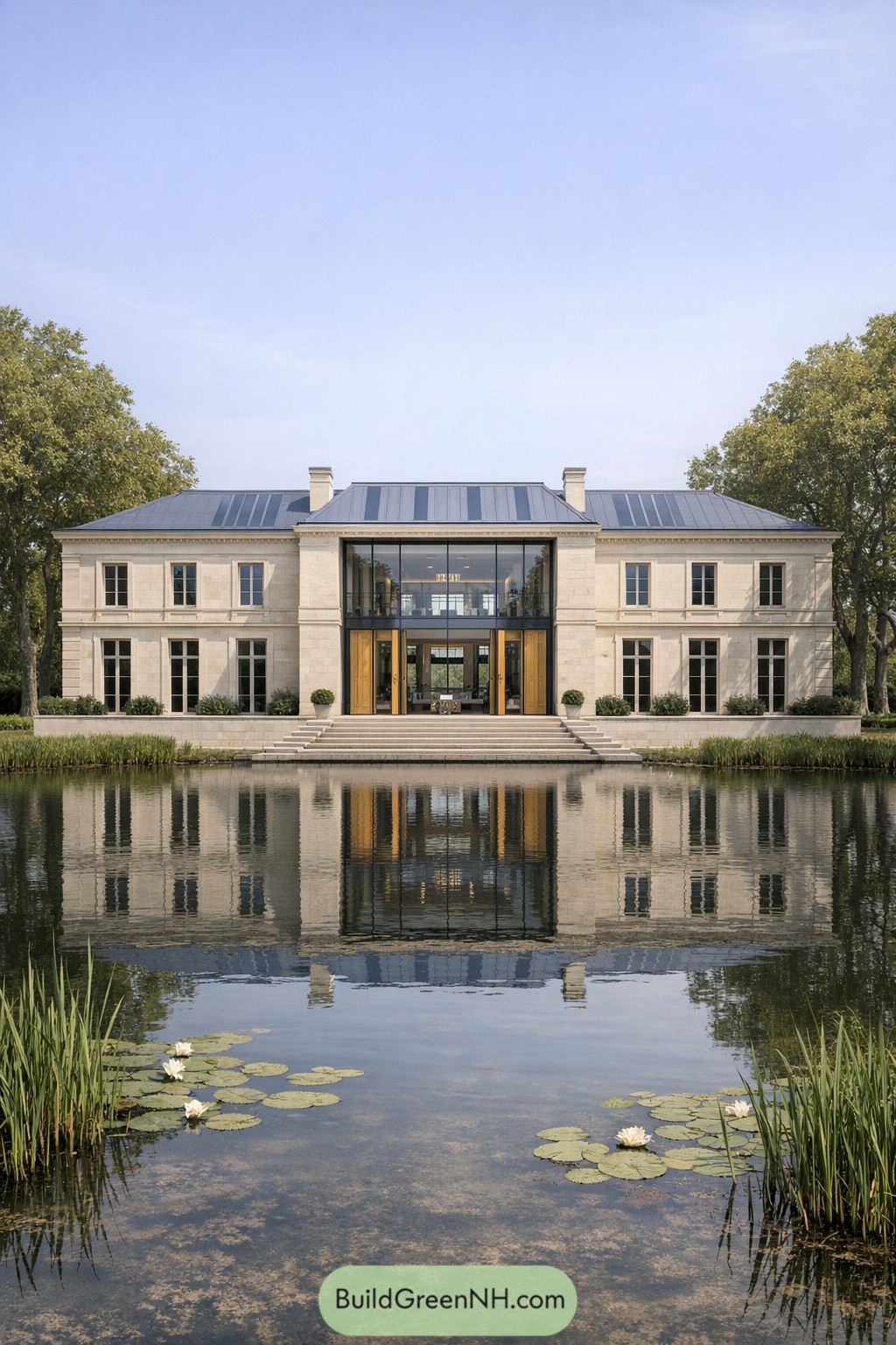 Elegant cream stone chateau with central glass pavilion reflected in a calm lily‑fringed pond