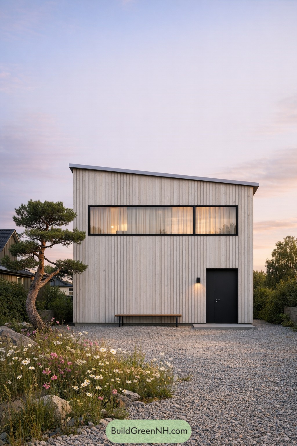 Minimalist narrow house with sloped roof and vertical wood siding