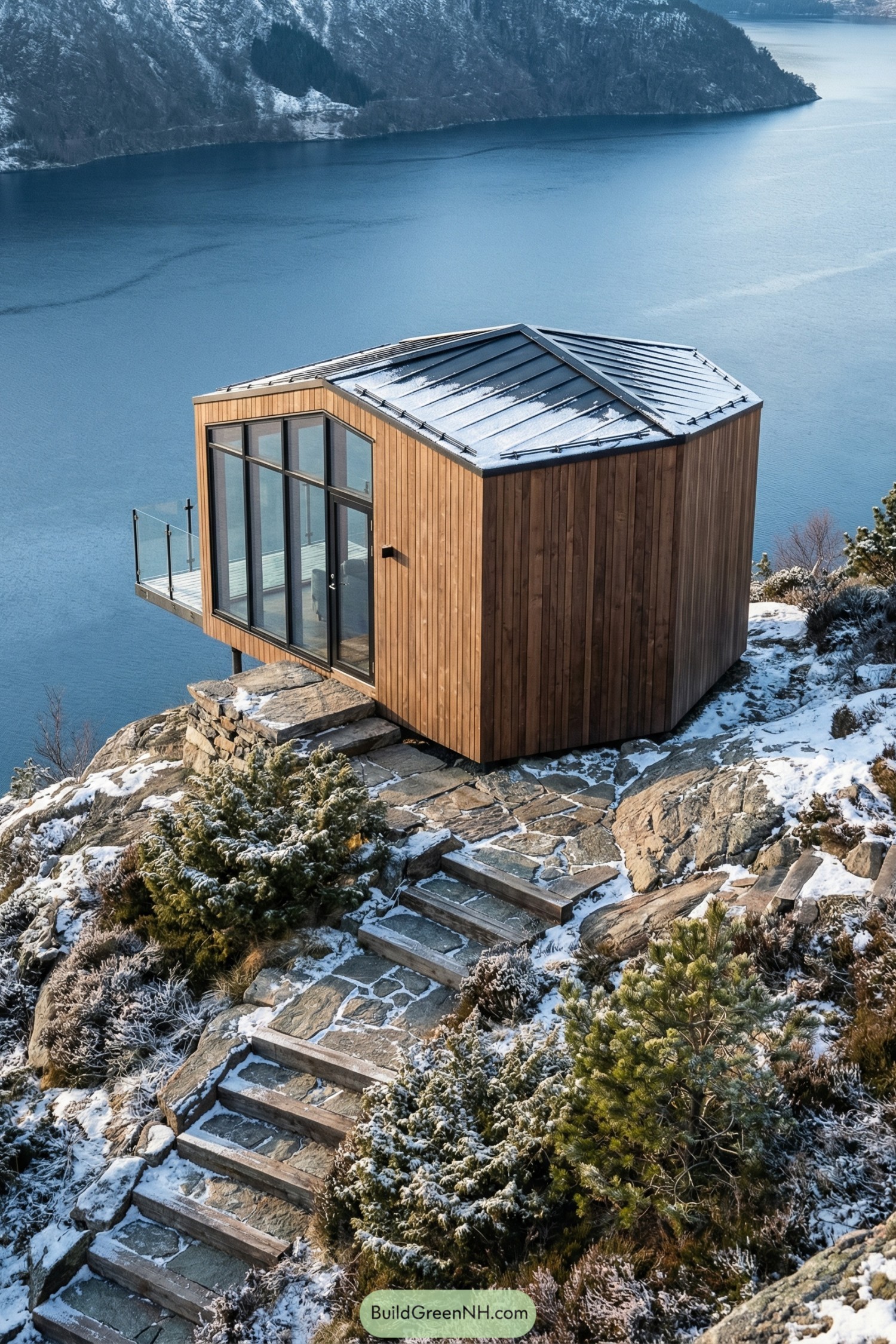 Compact timber cabin with large windows perched on a snowy cliff above a fjord