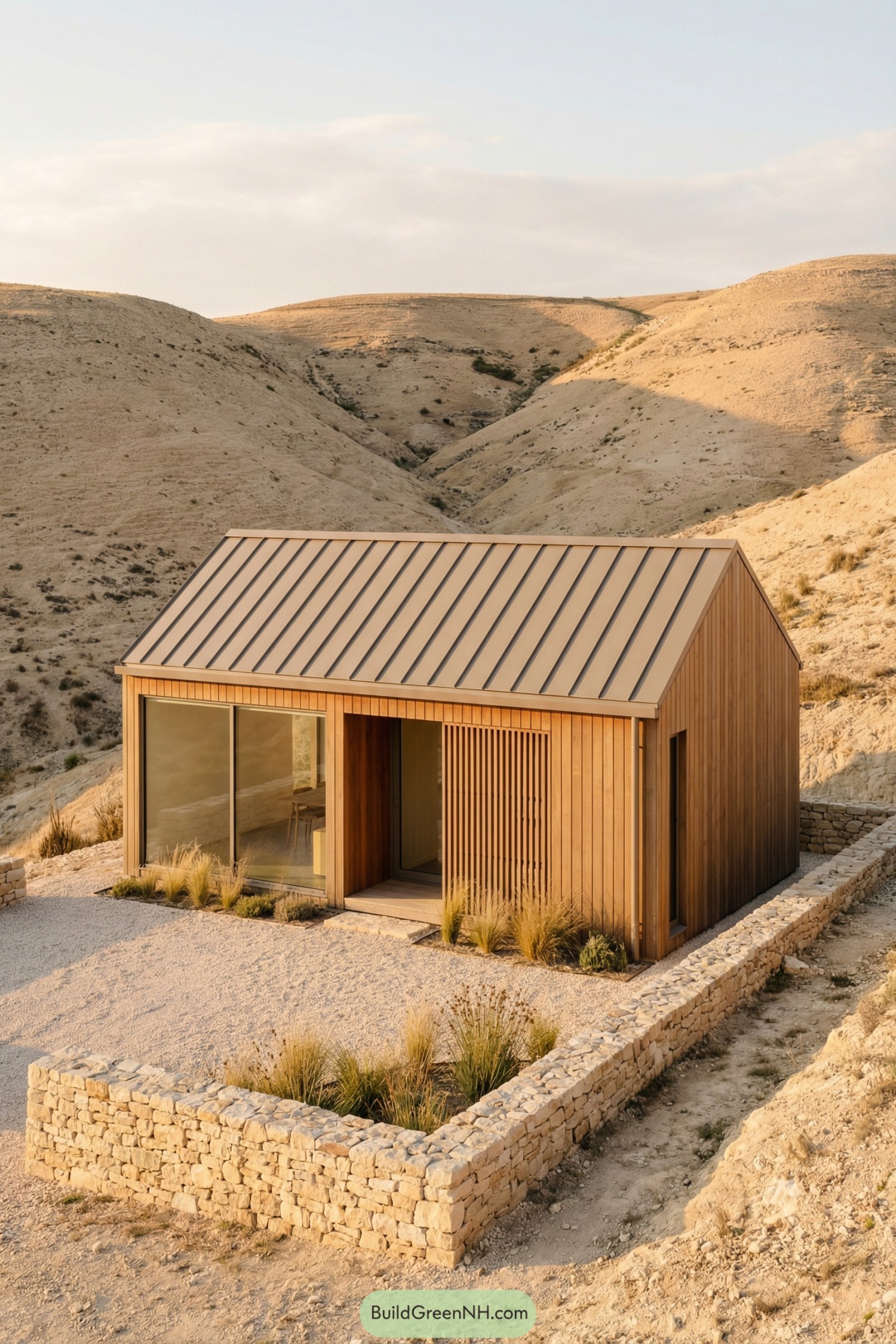 Compact timber cabin with large front glazing set in a rocky desert landscape