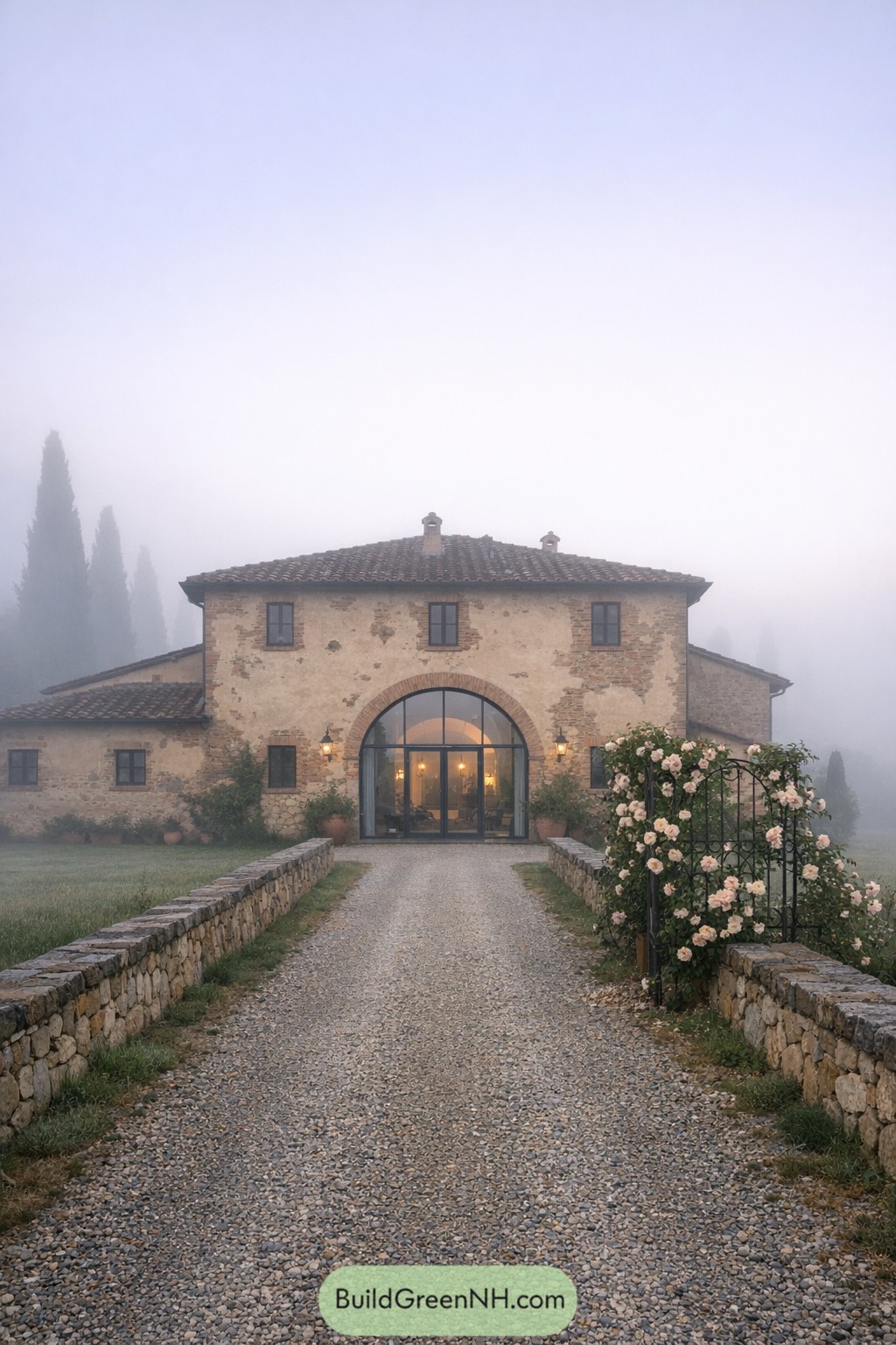 Stone farmhouse with arched glass entry, gravel drive, and roses in soft morning fog