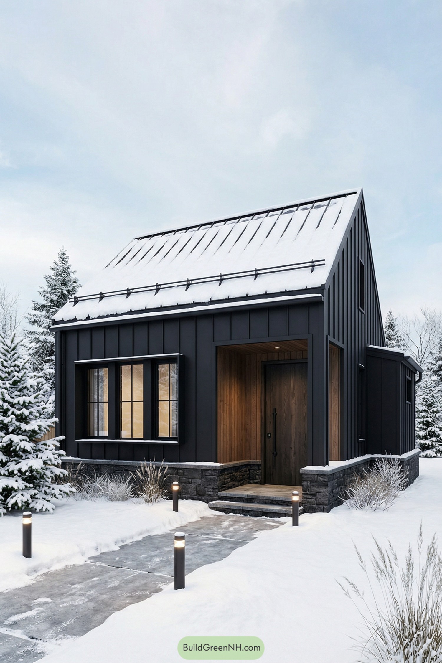 Small black barndominium style cabin in winter snow