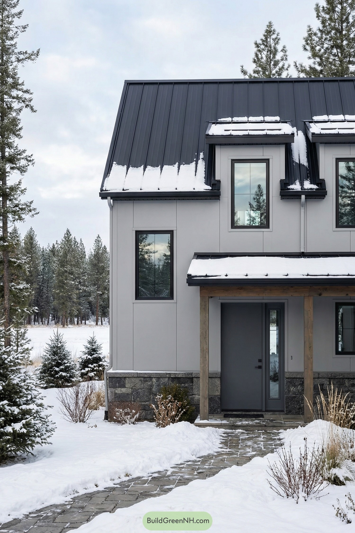 Modern grey barndominium with dark metal roof and snowy landscape