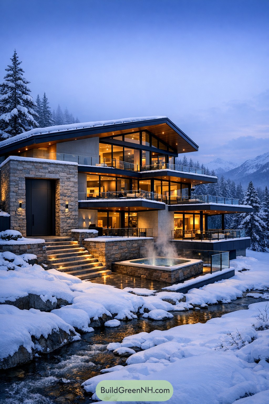 Modern glass mountain house beside snowy stream