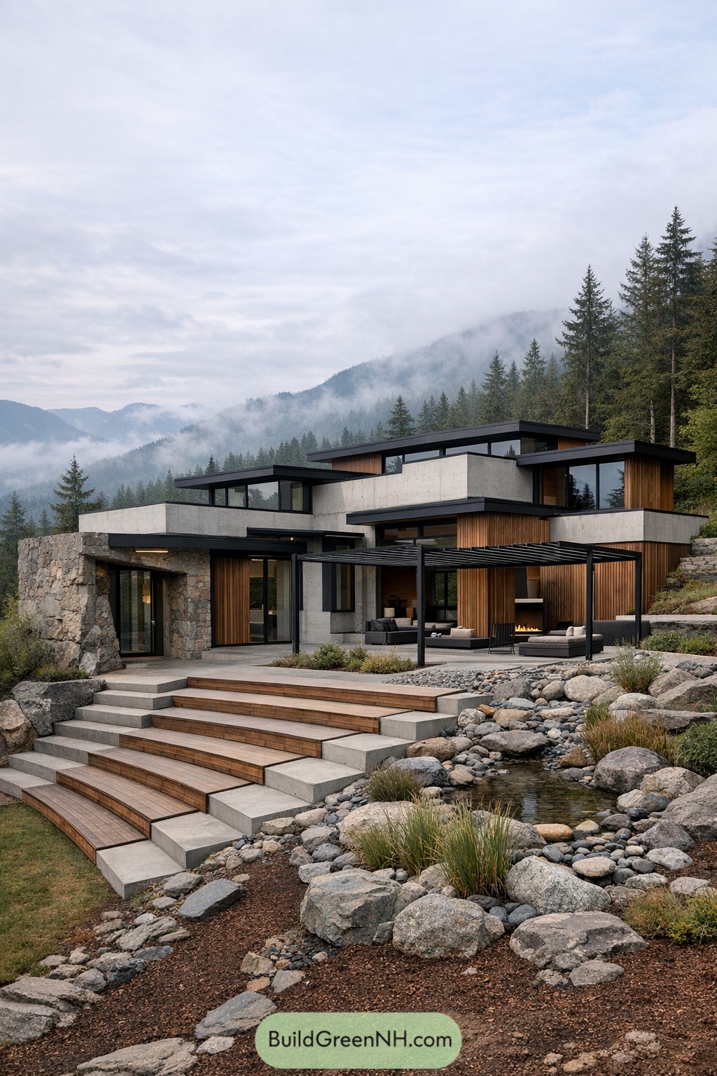 Modern multi-level mountain home in concrete wood and glass surrounded by rocks and evergreens