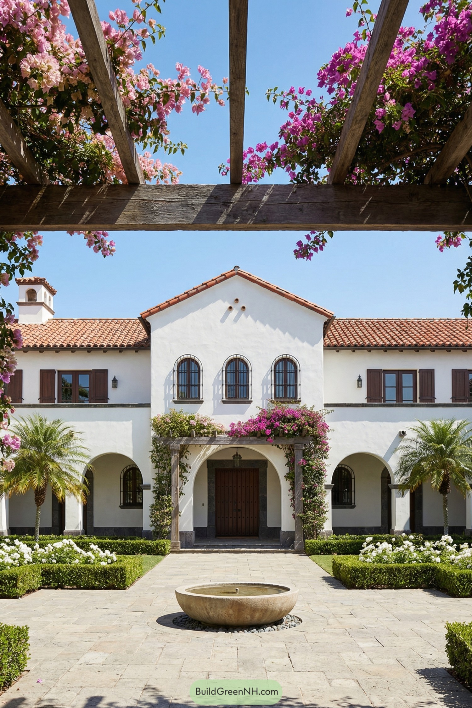 White stucco courtyard mansion with tiled roof, central stone fountain, palms, and flowering pergola