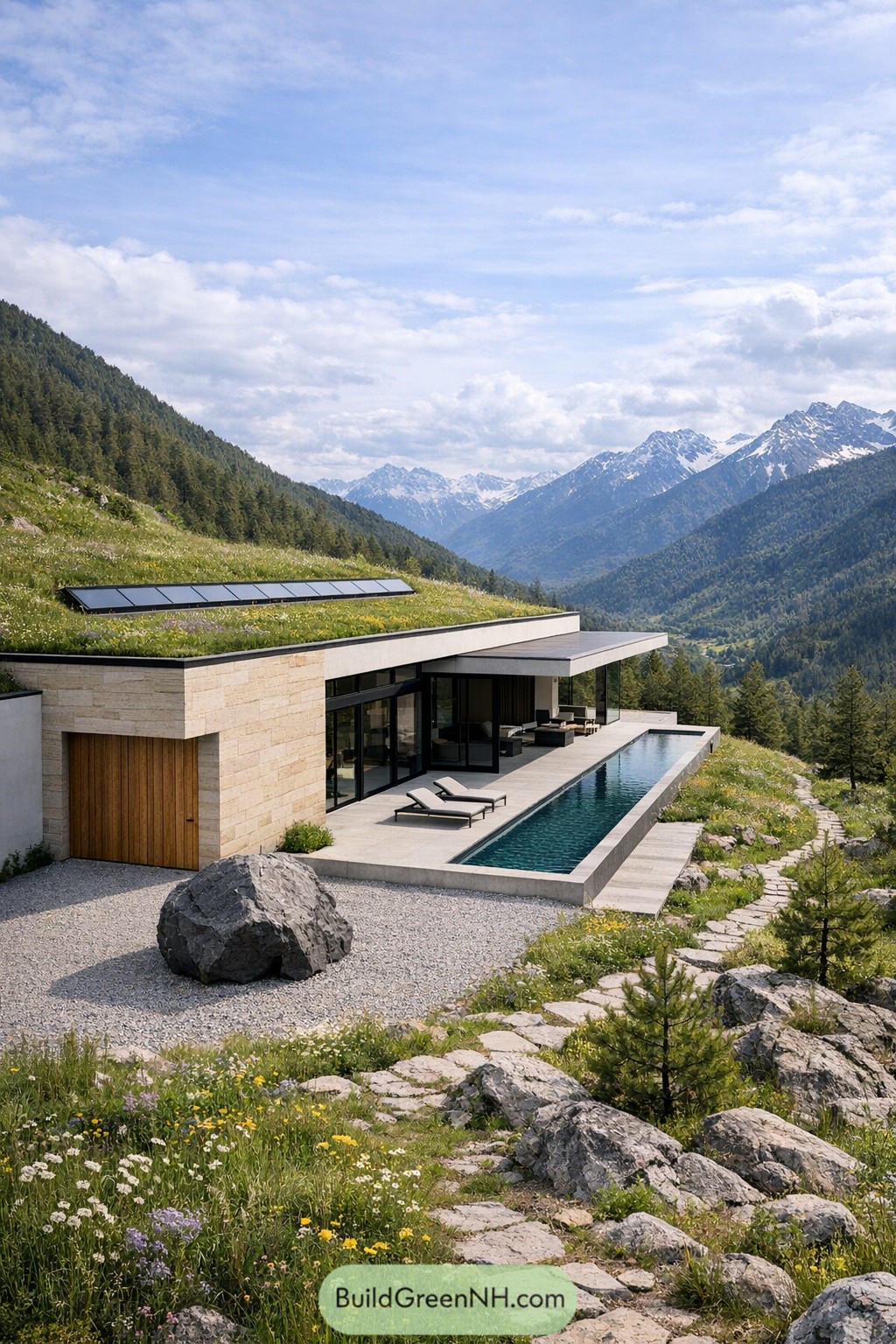 Modern mountain house with green roof and narrow pool overlooking a forested valley and distant snowy peaks