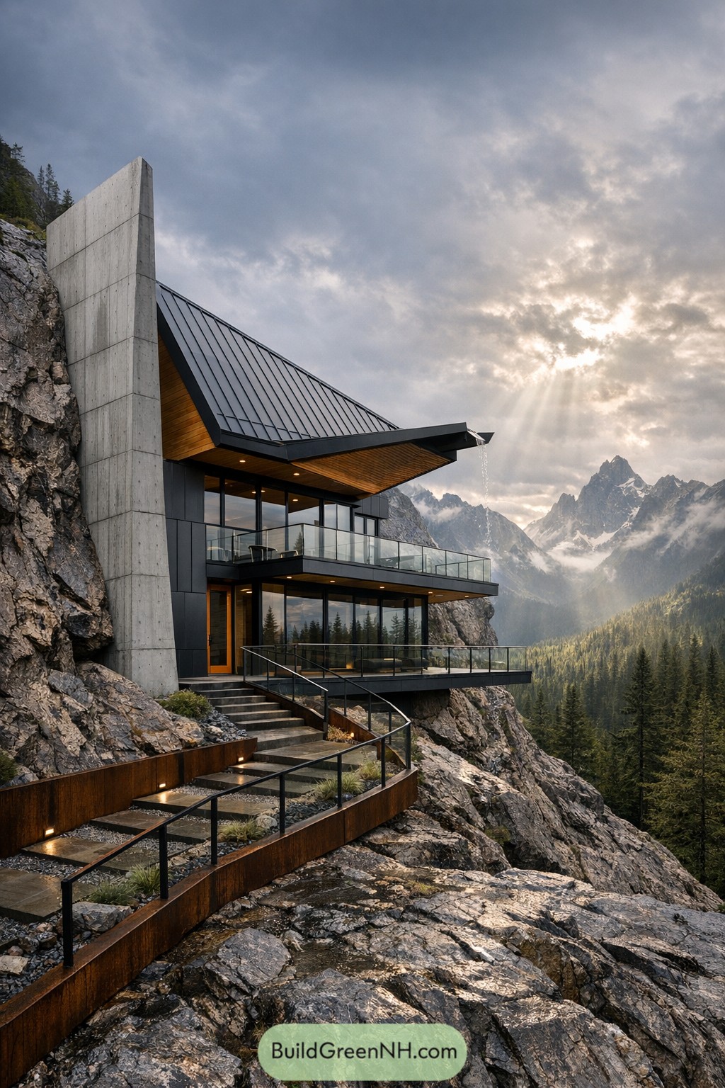 Modern cliffside house with glass terraces and angular roof overlooking forested mountains