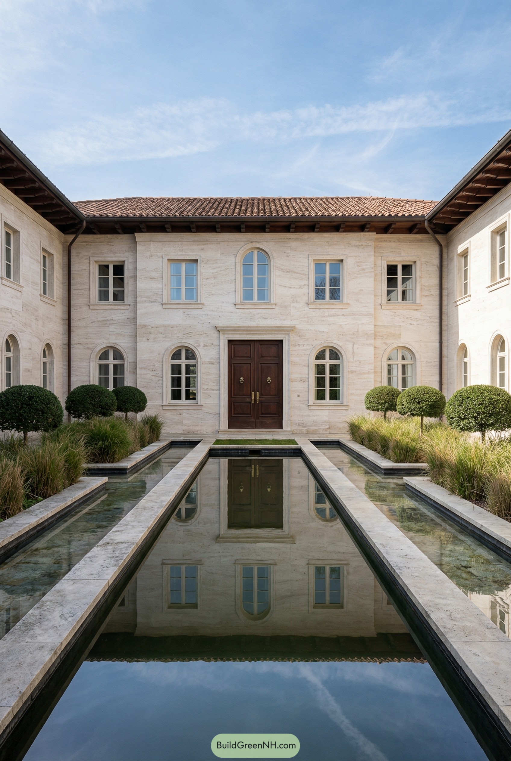 Elegant Italian-style courtyard with long reflecting pool fronting a stone villa