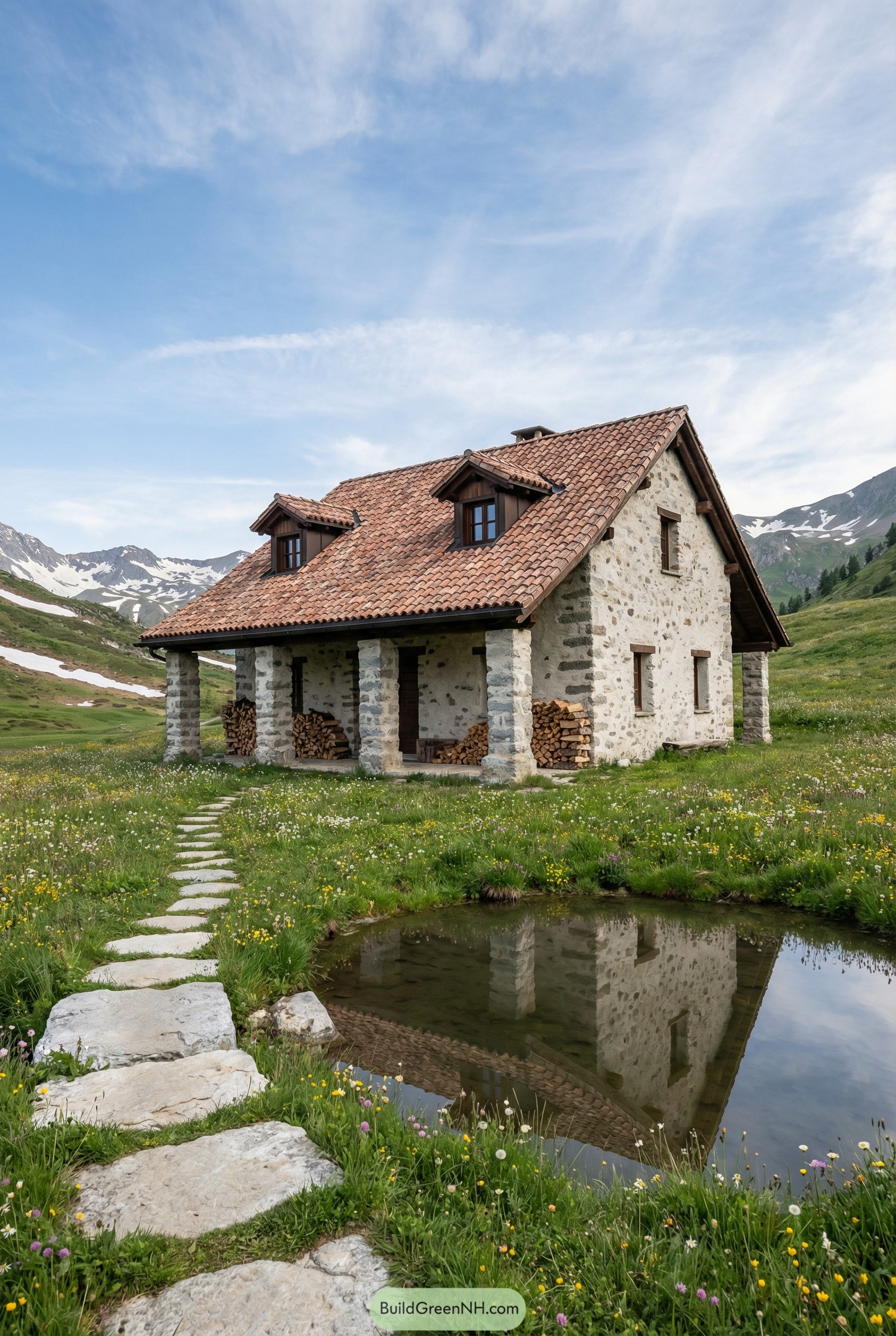 Stone mountain cabin reflected in a small pond