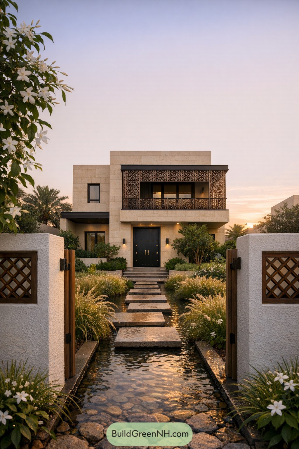 Modern two story Arabic style house with stone facade, decorative balcony screen, and stepping stones across a shallow reflecting pool