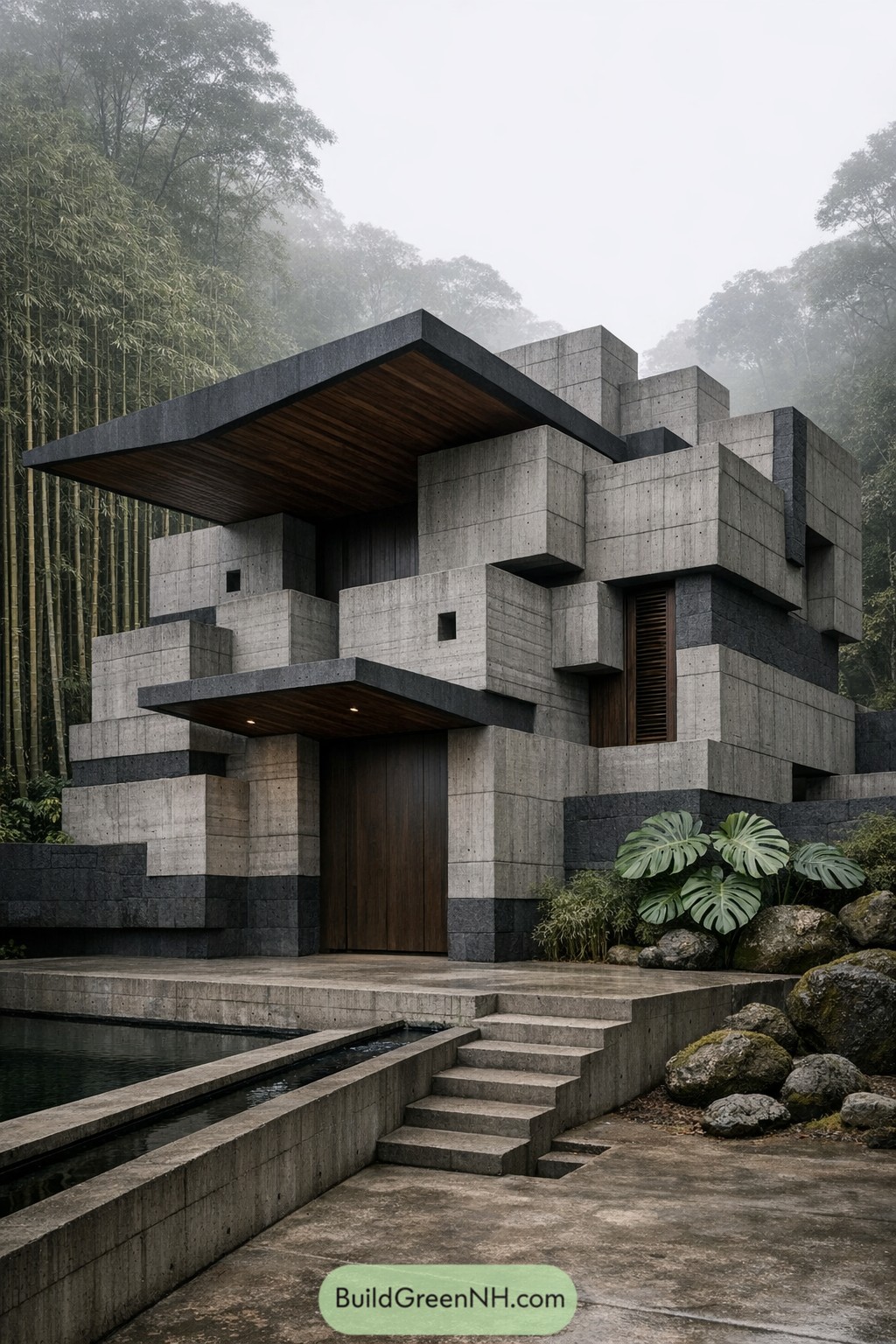 Tropical brutalism expressed through a fortress-like facade of stacked, offset concrete blocks with deep chamfers and minimal openings, punctuated by a single dramatic cantilevered canopy; hues are cool gray with black basalt trim and dark umber wood soffits; structure reads as a compact cluster of interlocking cubes around a concealed inner garden; materials feature board-marked concrete, basalt cladding at exposed edges, and hardwood louver inserts; roof is flat with a stepped parapet that echoes the block stacking; windows are small square punch-outs and one tall recessed corner window behind louvers; entry door is a wide, flush, dark-stained timber panel nearly invisible within a recessed bay; exterior elements include a sunken forecourt, a linear concrete water channel, and a zigzag stair cut into the plinth; landscaping is sculpted—bamboo grove as a vertical backdrop, large monstera leaves near the wall, and mossy stones in shaded pockets; environment is a jungle-edge clearing with mist lifting between trunks; scene is quiet, overcast, and richly textured, single real-life photo, high-resolution, architectural photography, soft lighting, cinematic composition, strictly no collages.
