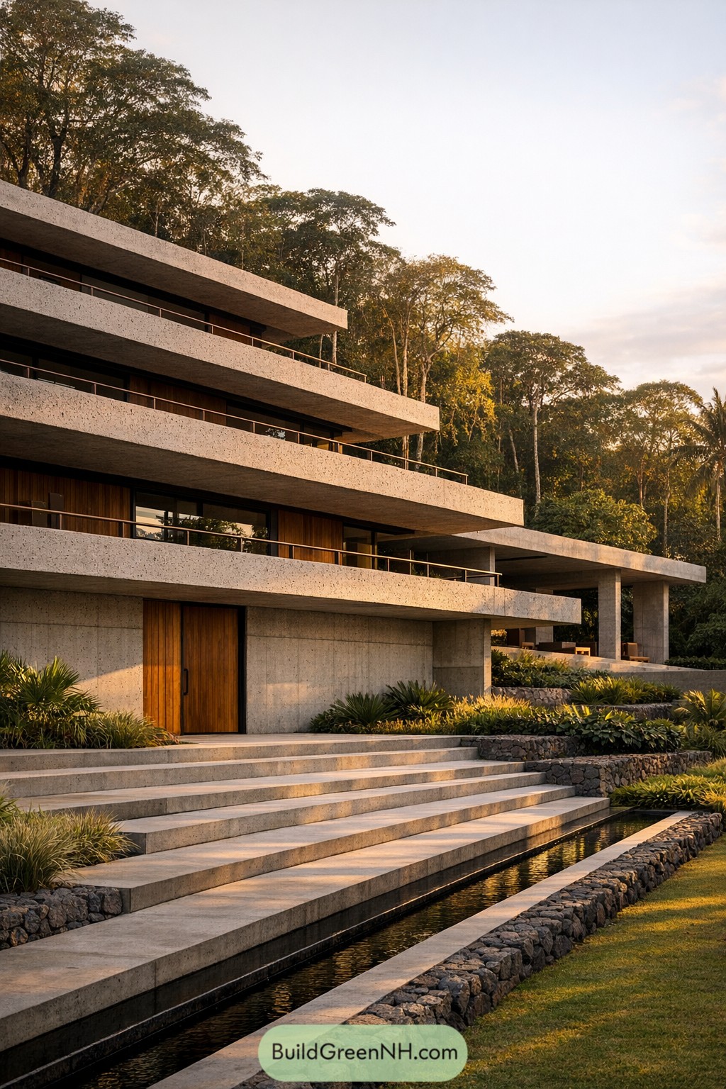 Terraced concrete home with broad steps and water feature set against lush tropical trees