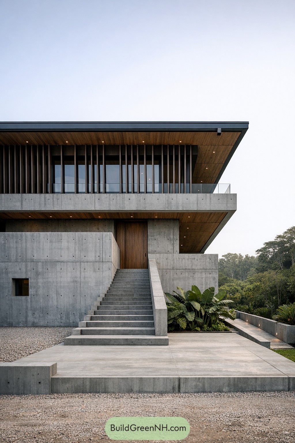 Monolithic concrete tropical house with broad central stair and deep roof overhang facing lush greenery