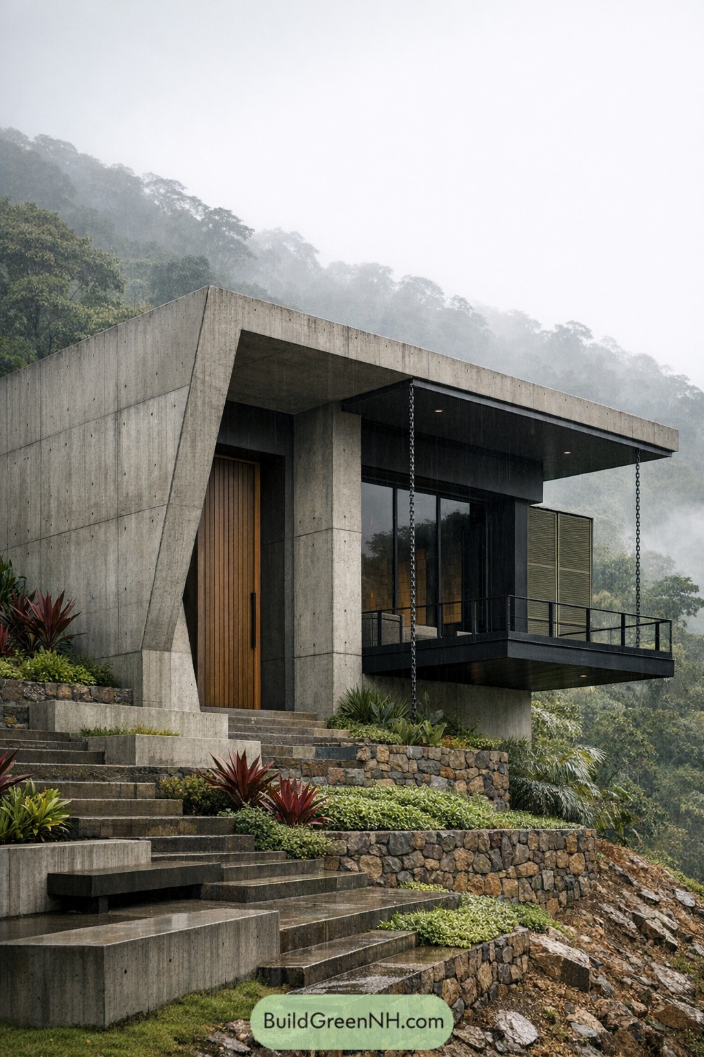Brutalist concrete house perched on a lush hillside in misty tropical forest