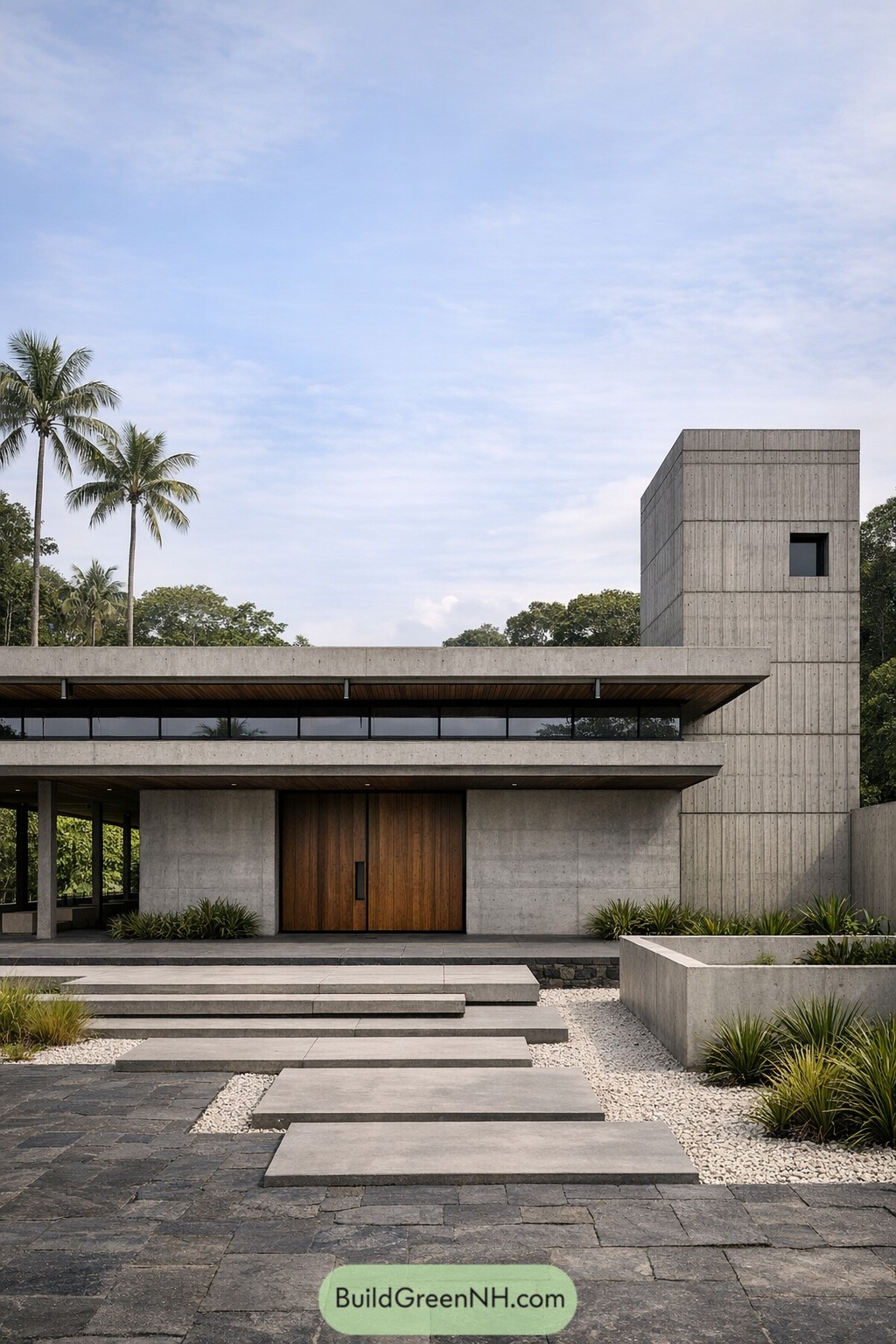 Concrete tropical house with low horizontal wings and tall tower beside palm trees